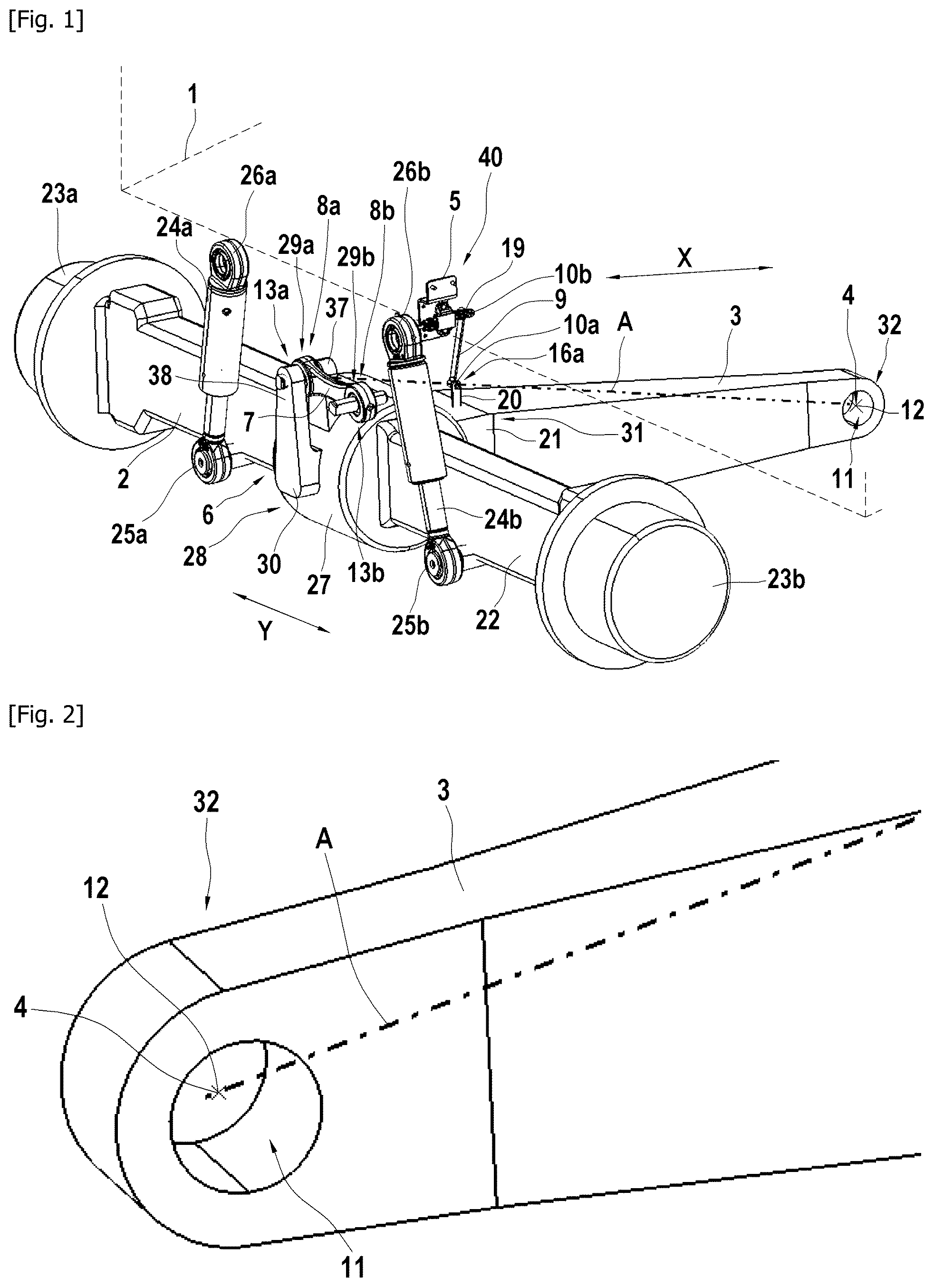 Patent US12552211 Figure 1 – Work vehicle comprising a sensor for detecting movement of a height-settable axle