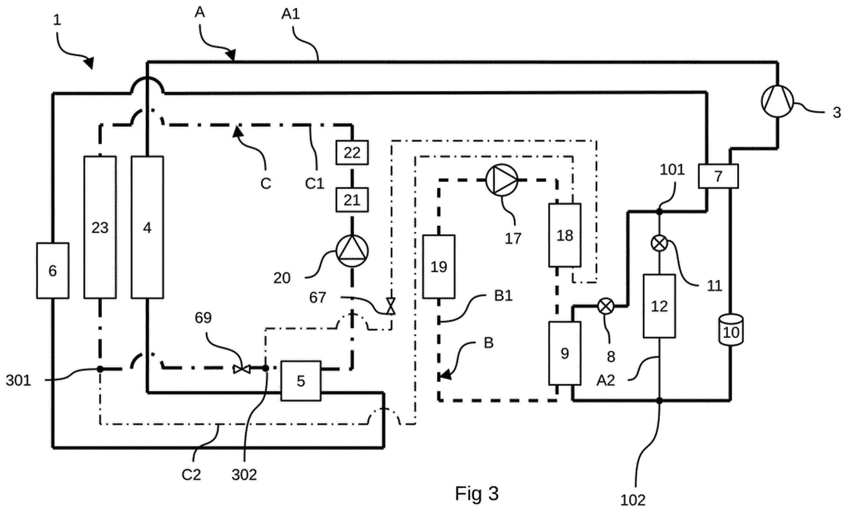 Patent US12552222 Figure 3 – Thermal management device for batteries for an electric or hybrid vehicle