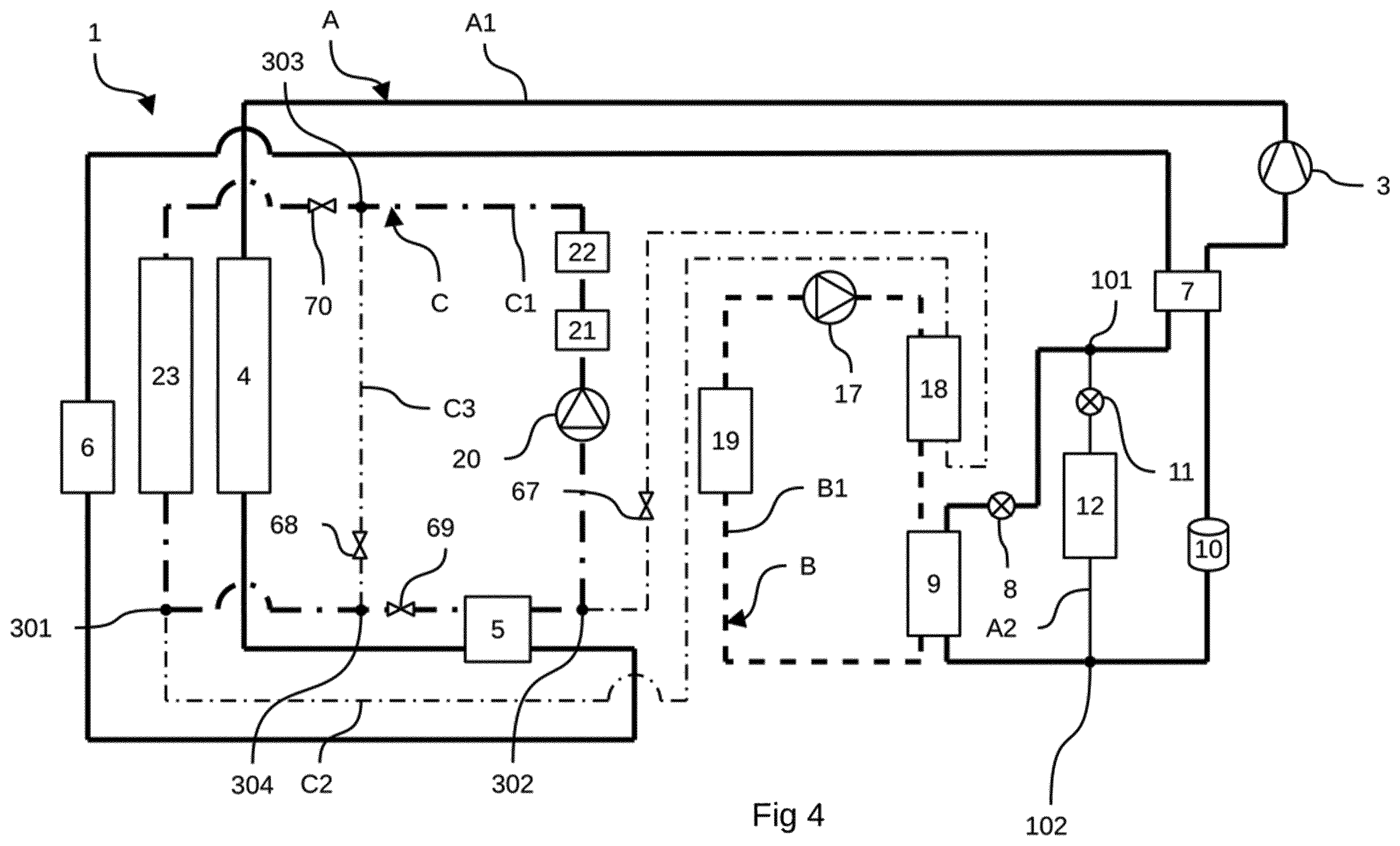 Patent US12552222 Figure 4 – Thermal management device for batteries for an electric or hybrid vehicle