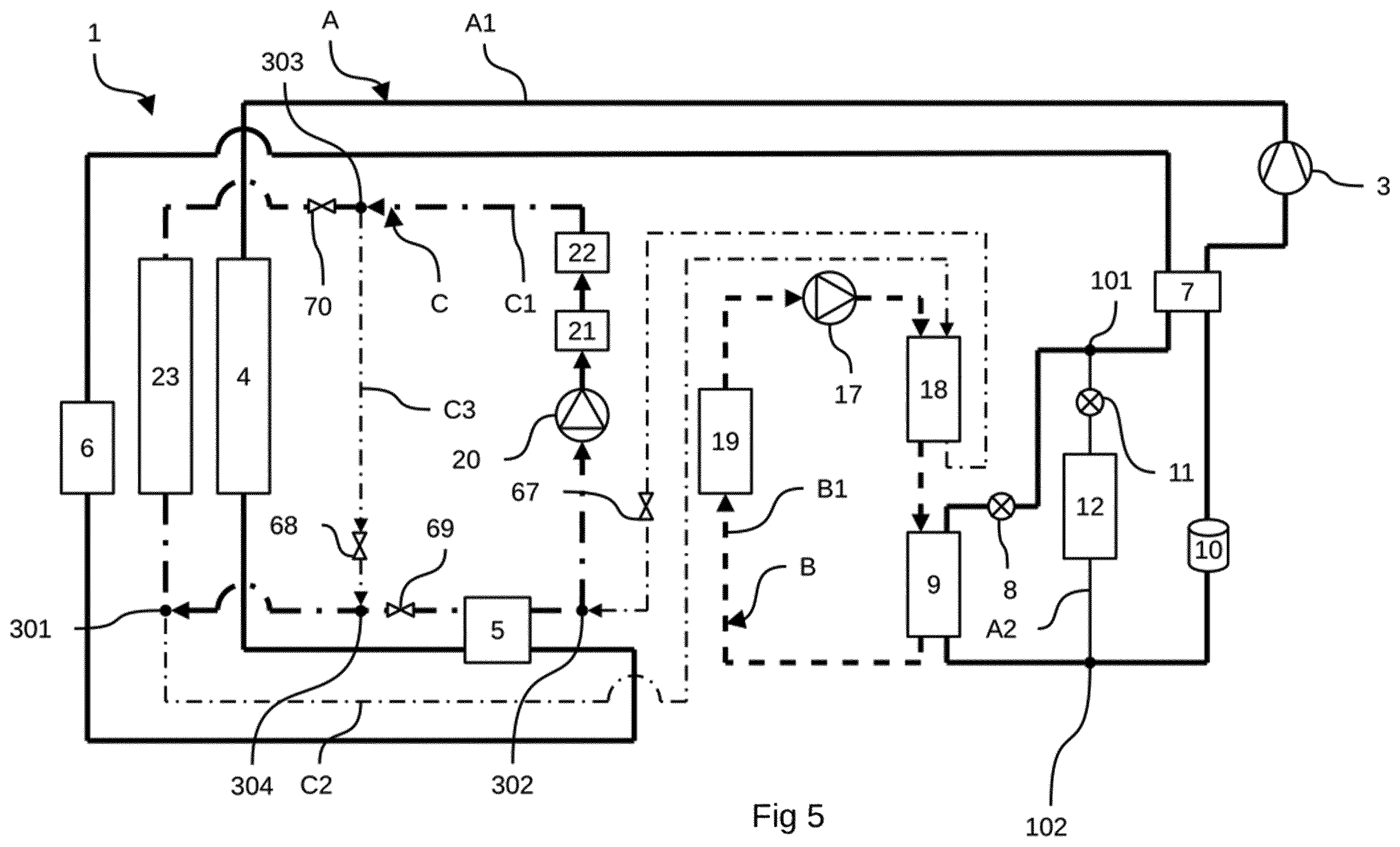 Patent US12552222 Figure 5 – Thermal management device for batteries for an electric or hybrid vehicle