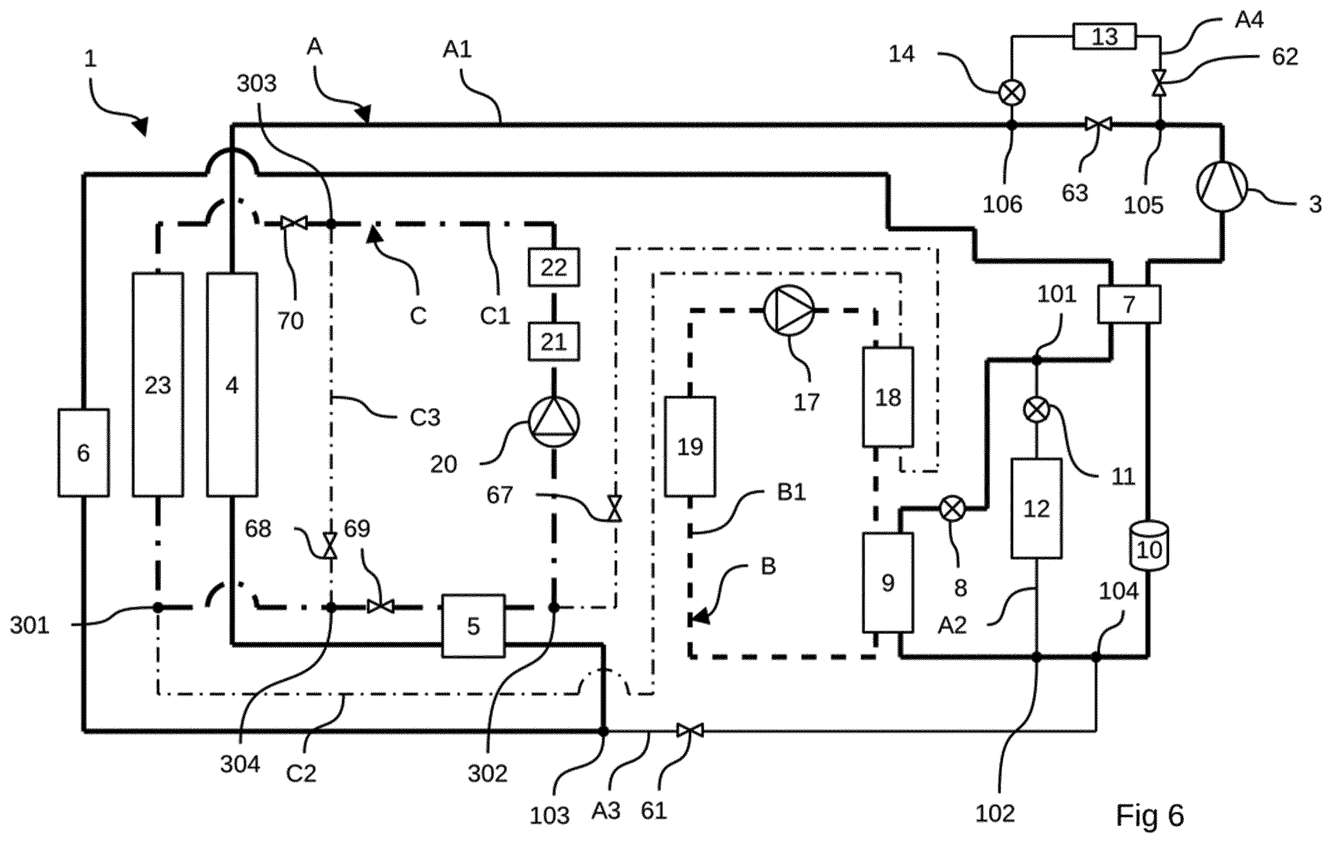 Patent US12552222 Figure 6 – Thermal management device for batteries for an electric or hybrid vehicle