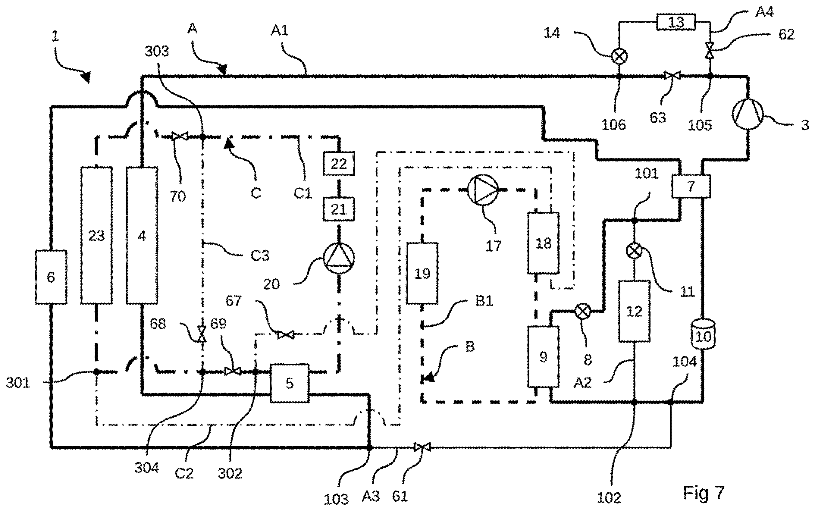 Patent US12552222 Figure 7 – Thermal management device for batteries for an electric or hybrid vehicle