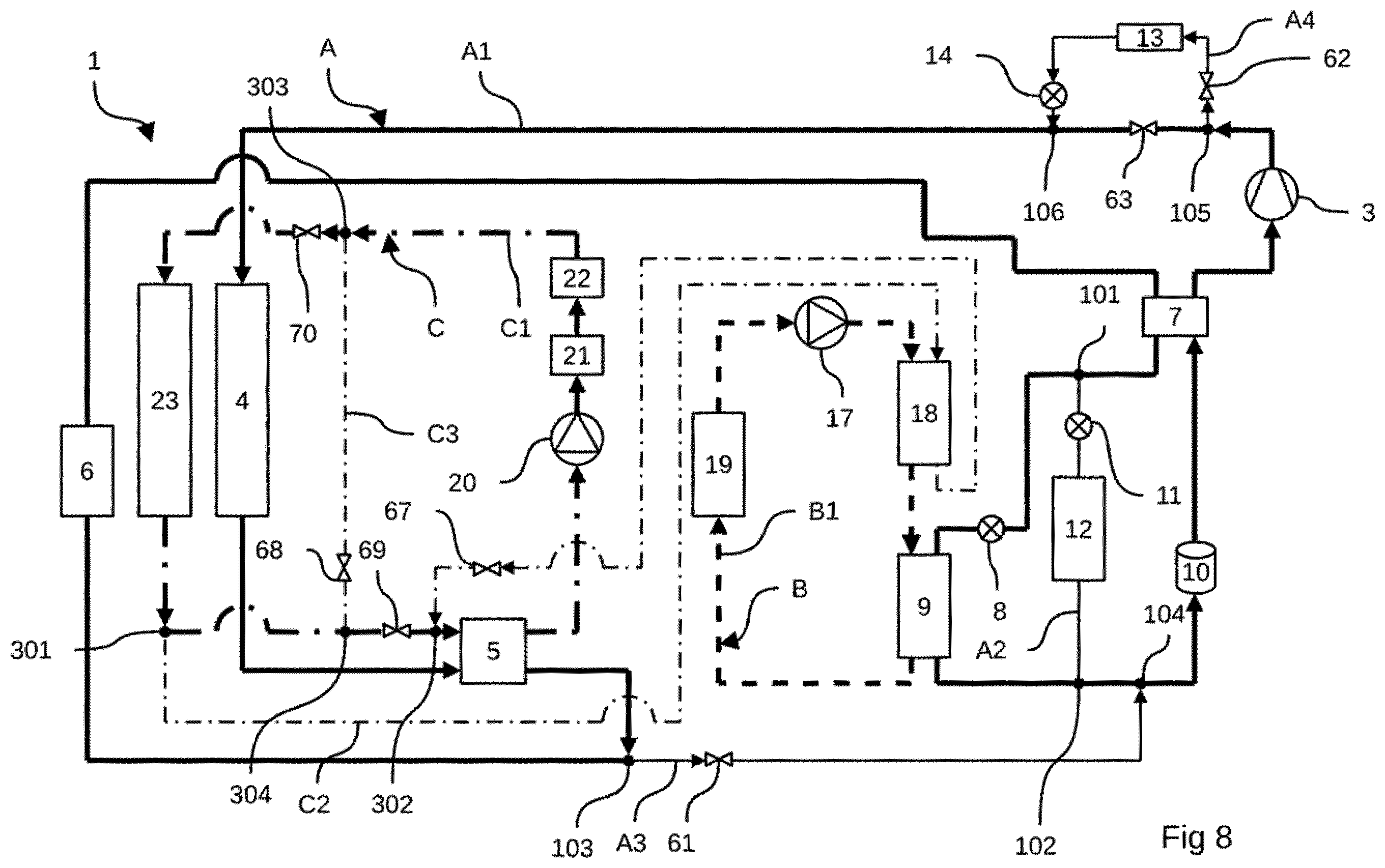 Patent US12552222 Figure 8 – Thermal management device for batteries for an electric or hybrid vehicle