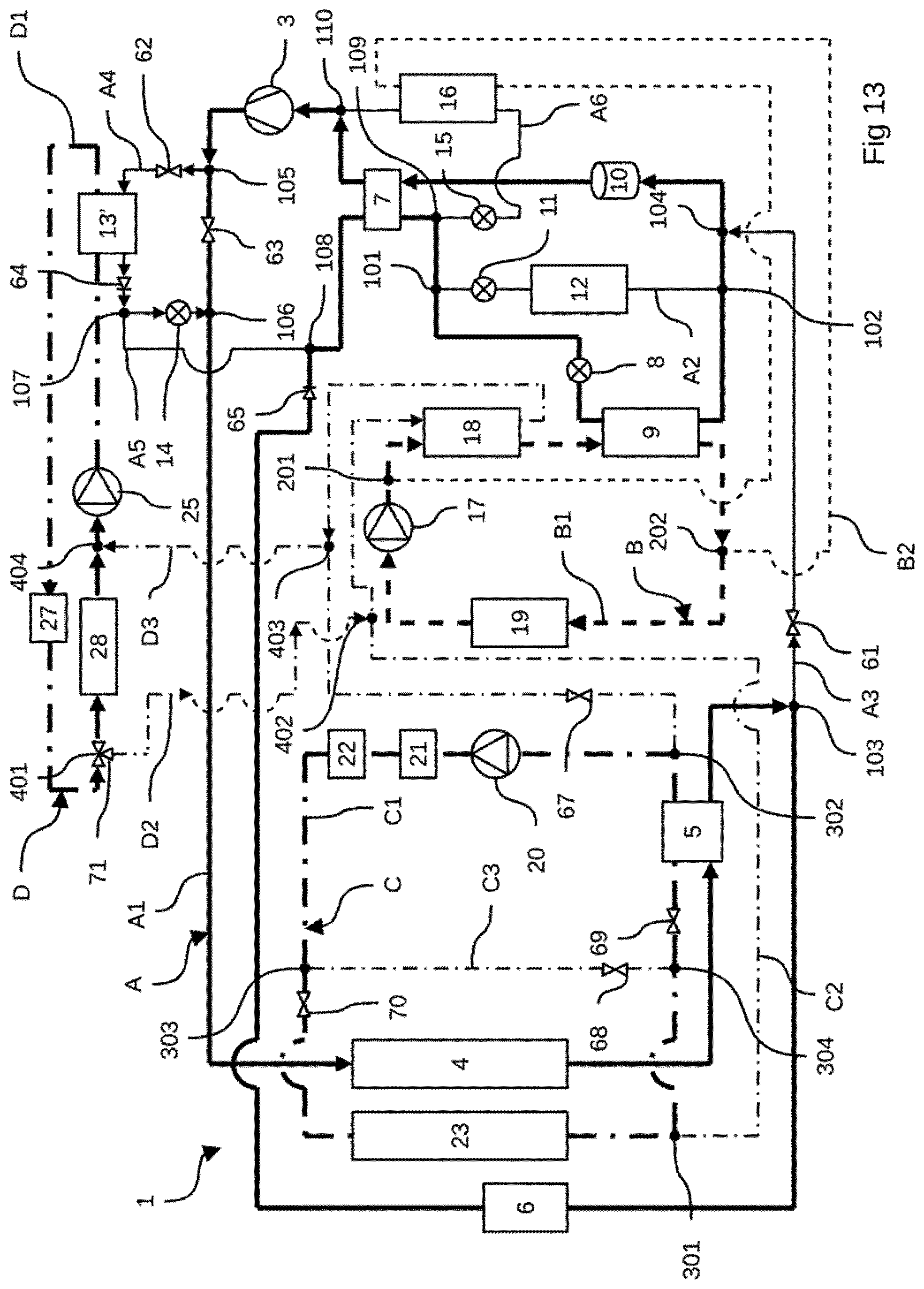 Patent US12552222 Figure 13 – Thermal management device for batteries for an electric or hybrid vehicle