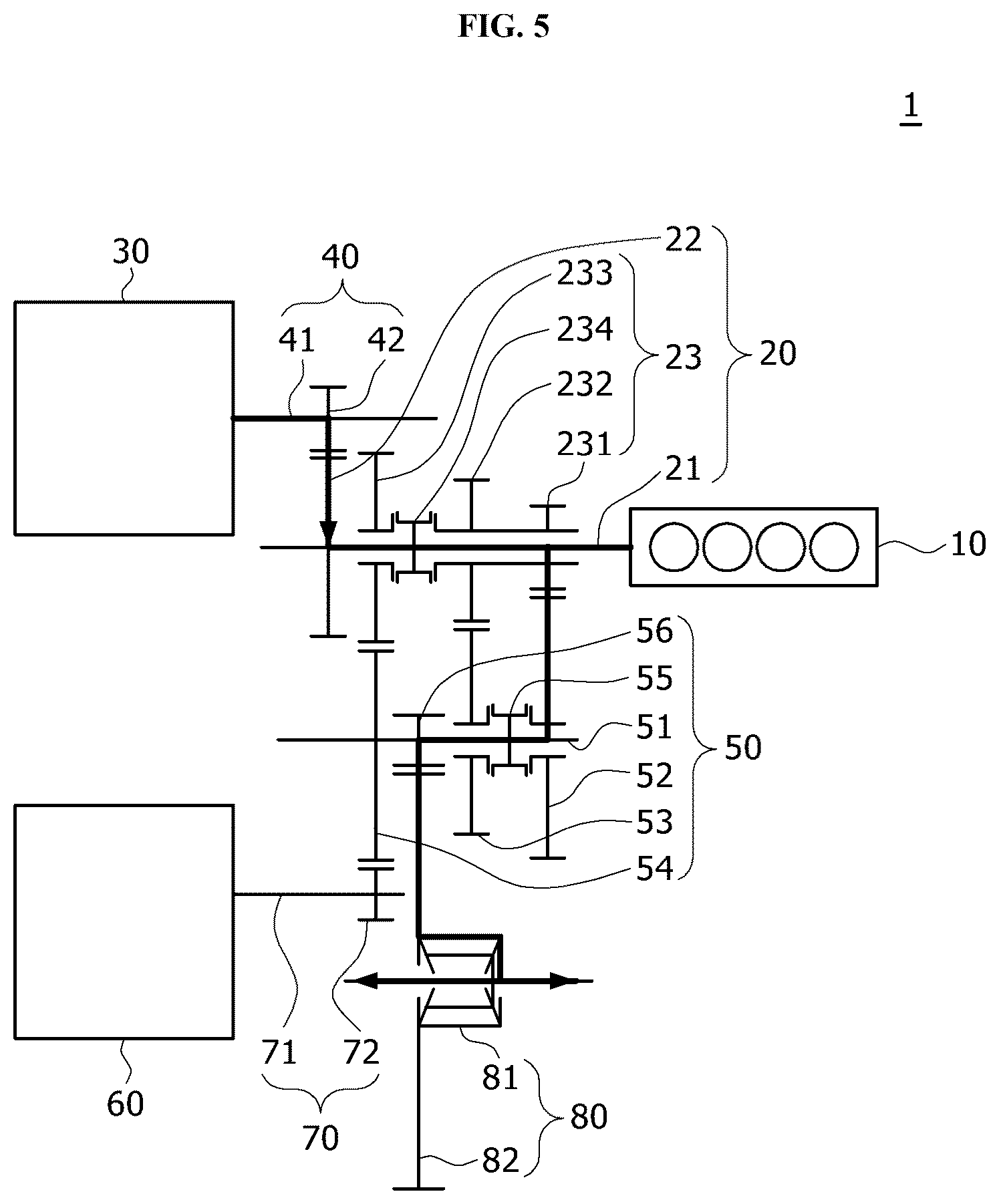 Patent US12552239 Figure 5 – Power transmission device for hybrid vehicle