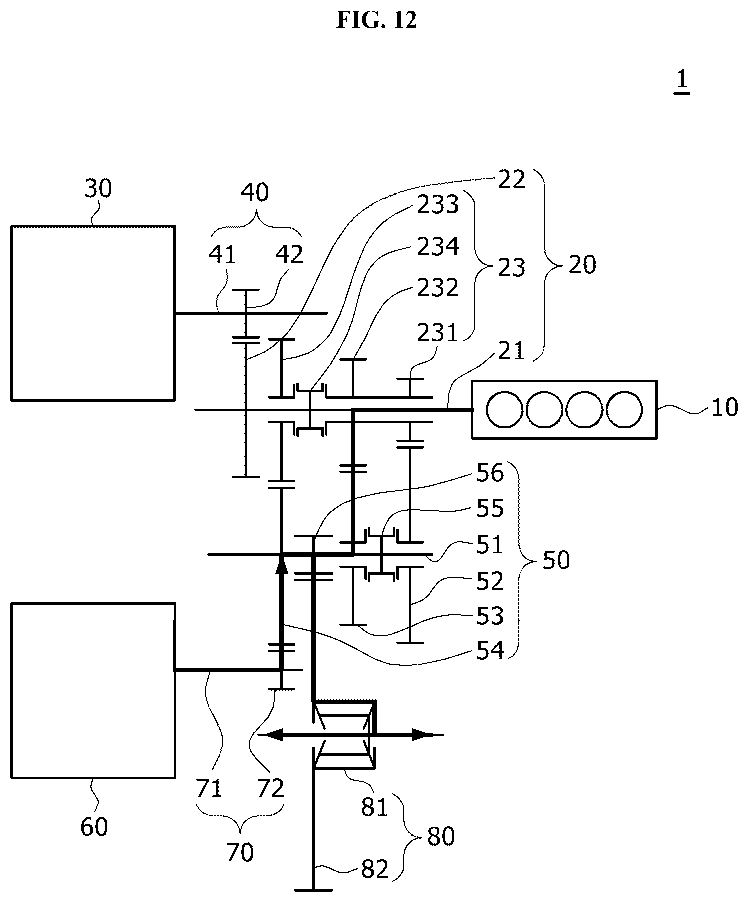 Patent US12552239 Figure 12 – Power transmission device for hybrid vehicle