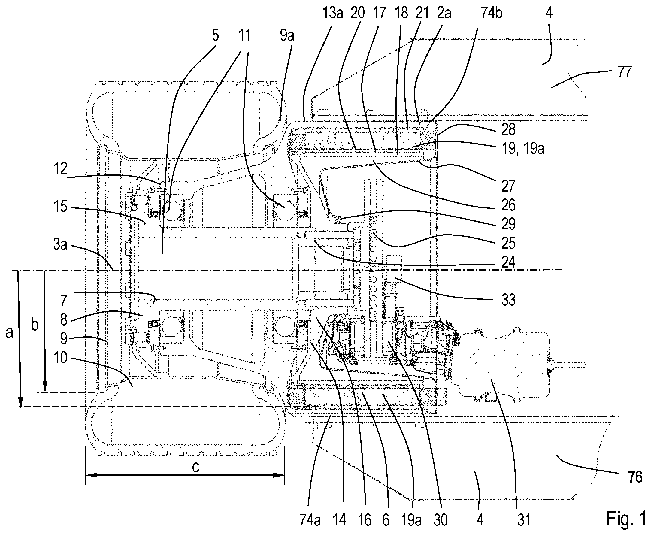 Patent US12552241 Figure 1 – Truck axle with direct drive electric motors