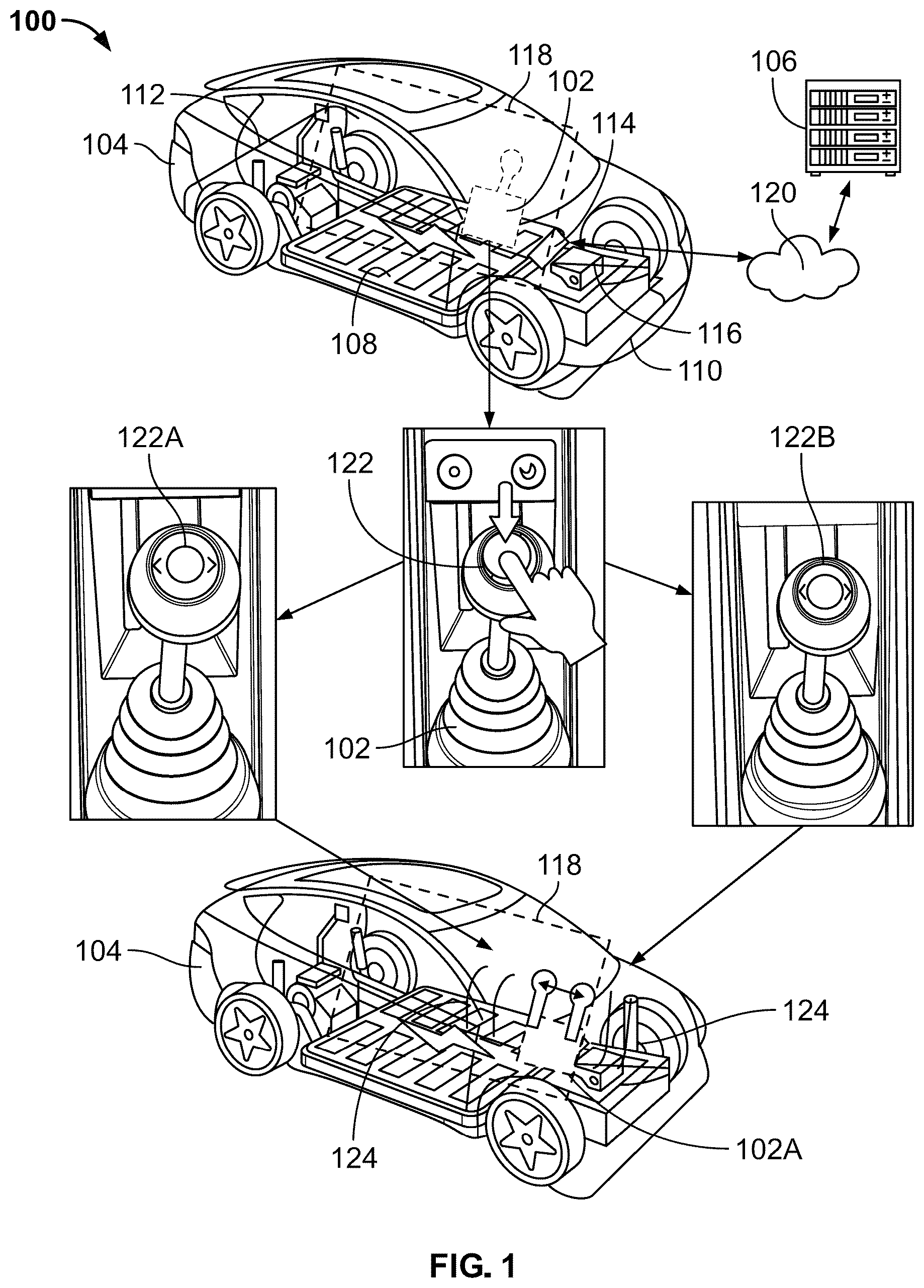 Patent US12552249 Figure 1 – Advanced gated shifter for vehicle manual and automatic transmission emulation
