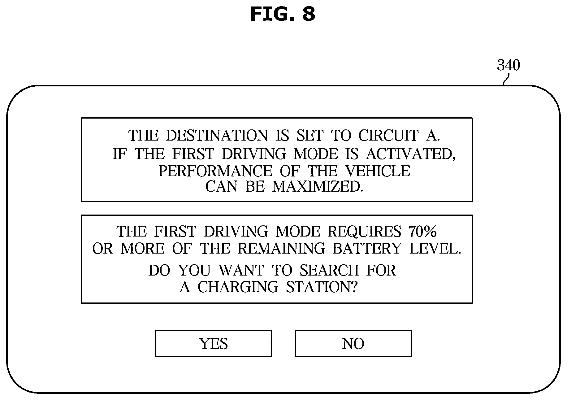 Patent US12552253 Figure 8 – Vehicle and a method of controlling a display to output a visual indication for inducing selection of a specific driving mode