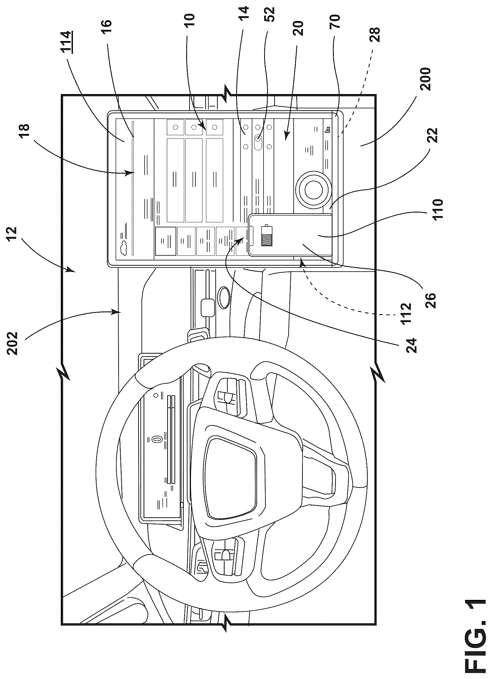 Patent US12552255 Figure 1 – Vehicular display having recharging module with annexation interface