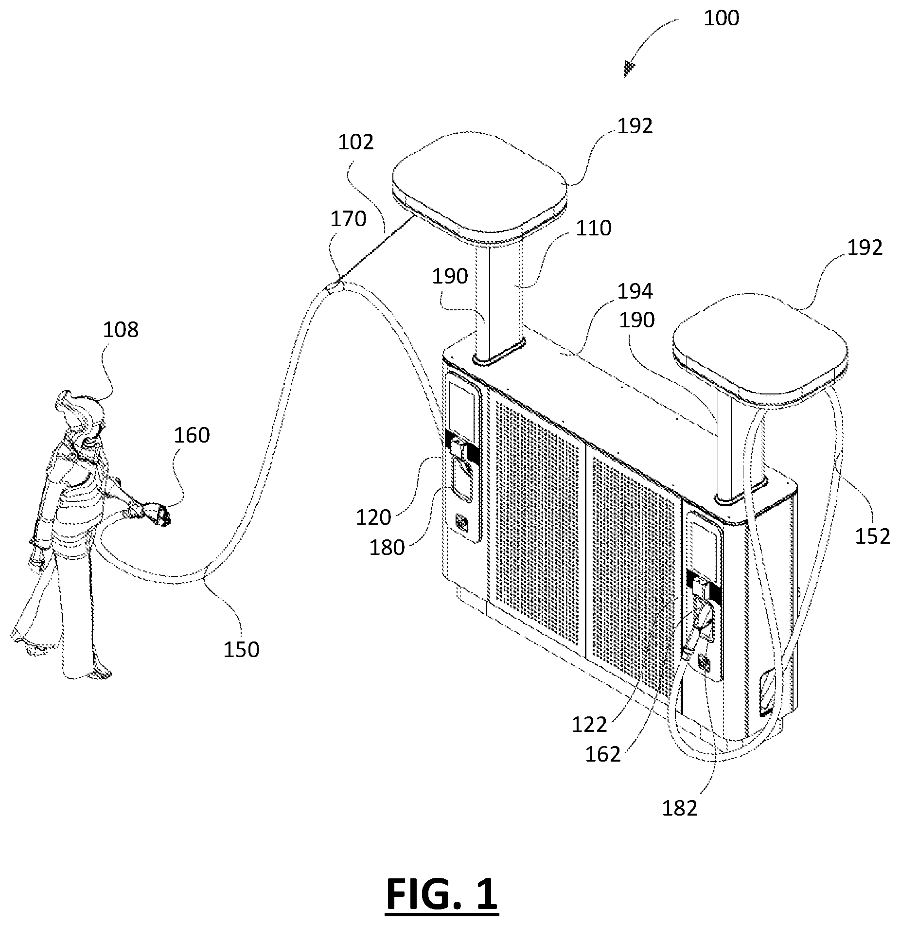 Patent US12552276 Figure 1 – Electric vehicle charger cable management based on sensor data