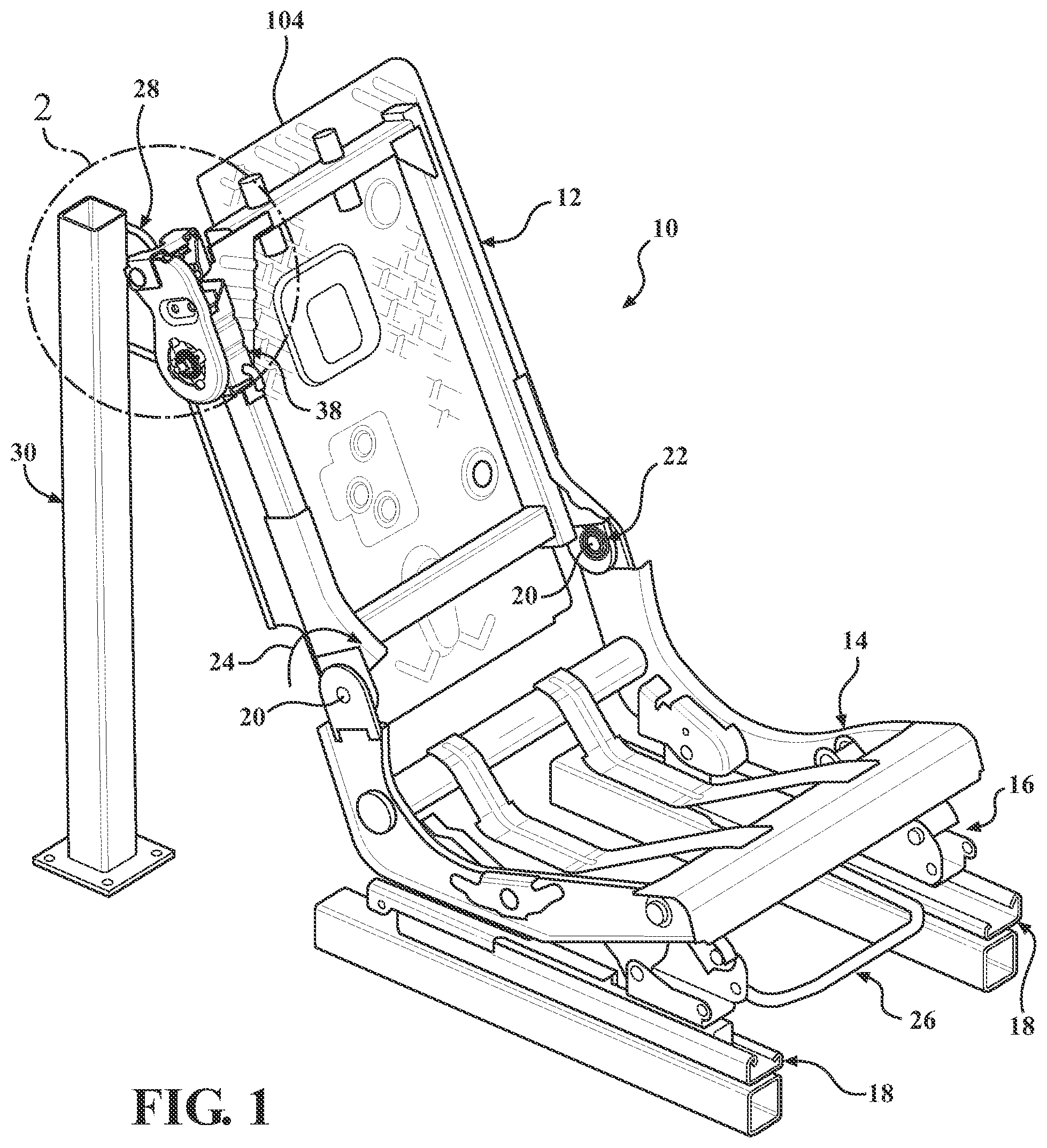 Patent US12552296 Figure 1 – High latch for a seat back with slouch locking feature