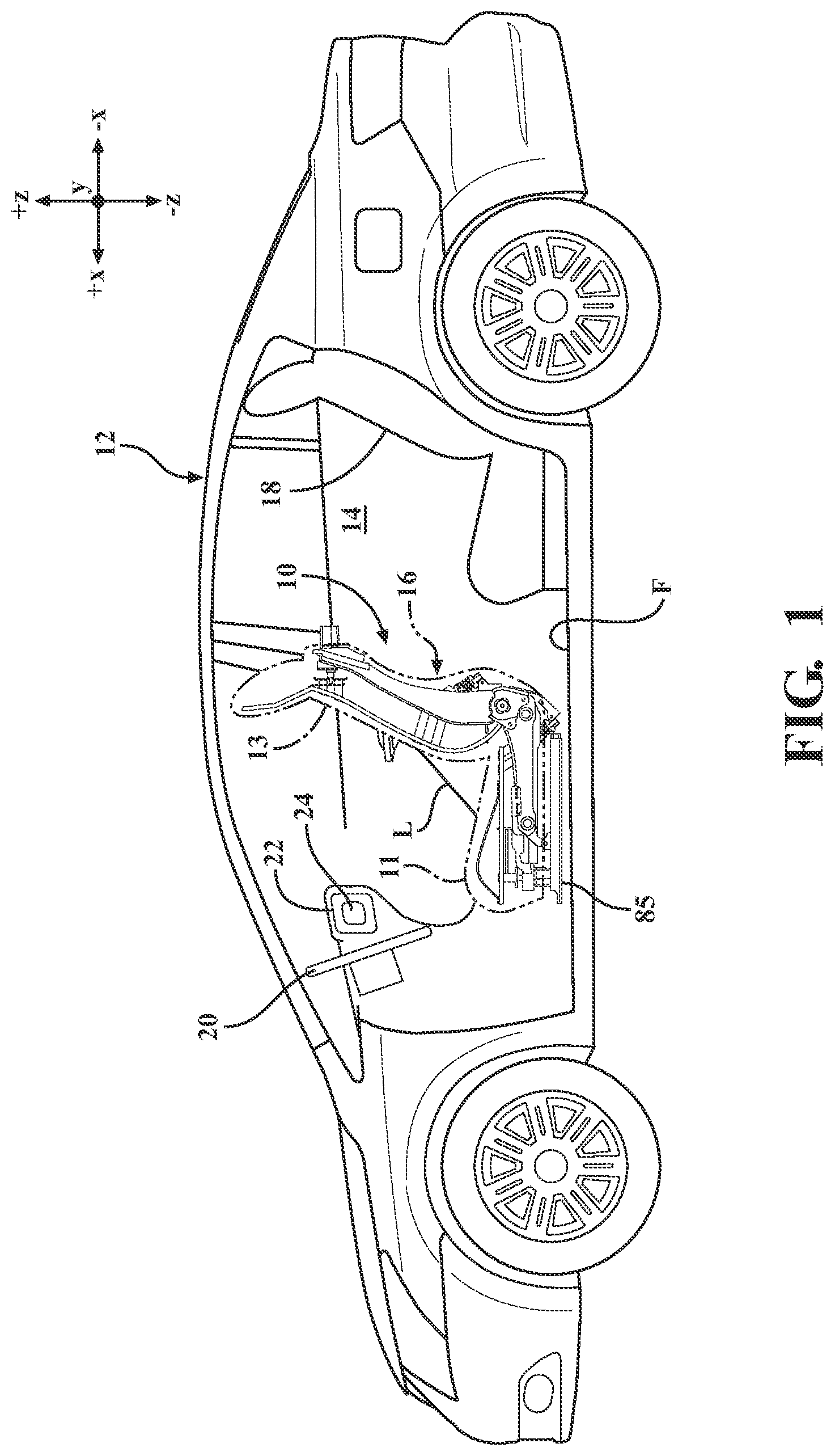 Patent US12552297 Figure 1 – Locator brackets for fluid reservoirs, and seat assemblies and vehicle including the same