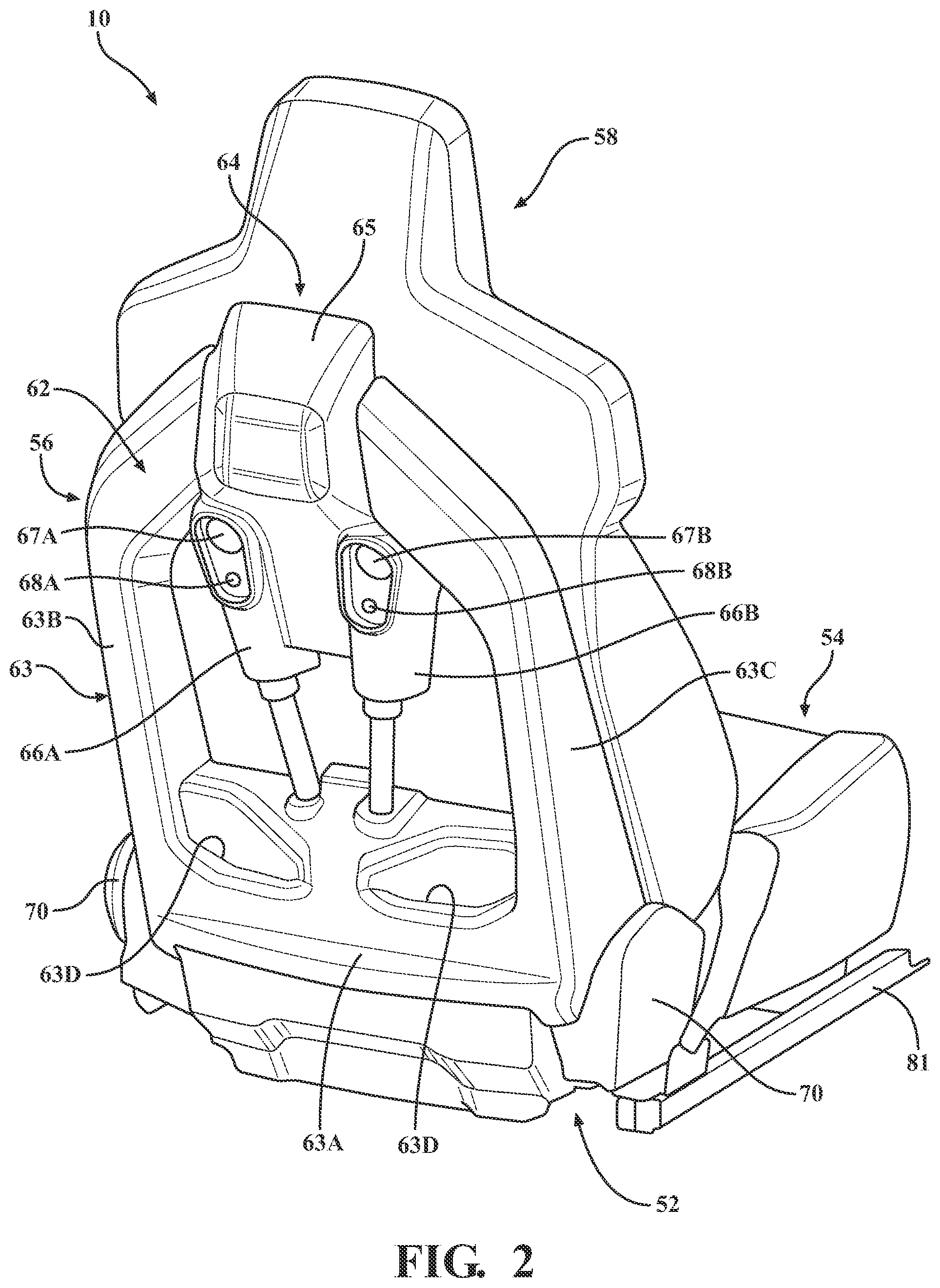 Patent US12552297 Figure 2 – Locator brackets for fluid reservoirs, and seat assemblies and vehicle including the same