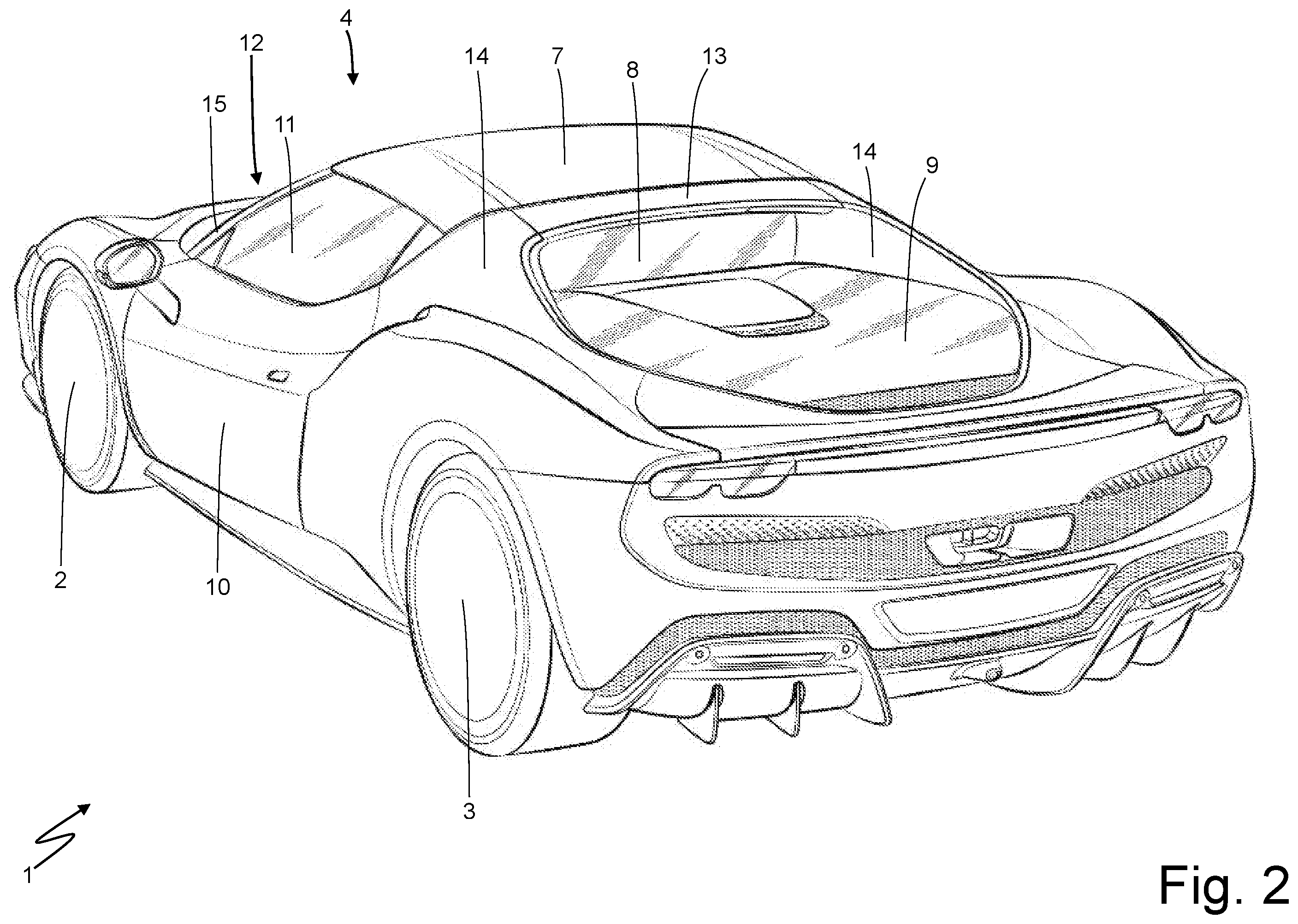 Patent US12552328 Figure 2 – Car provided with front pillar covering elements