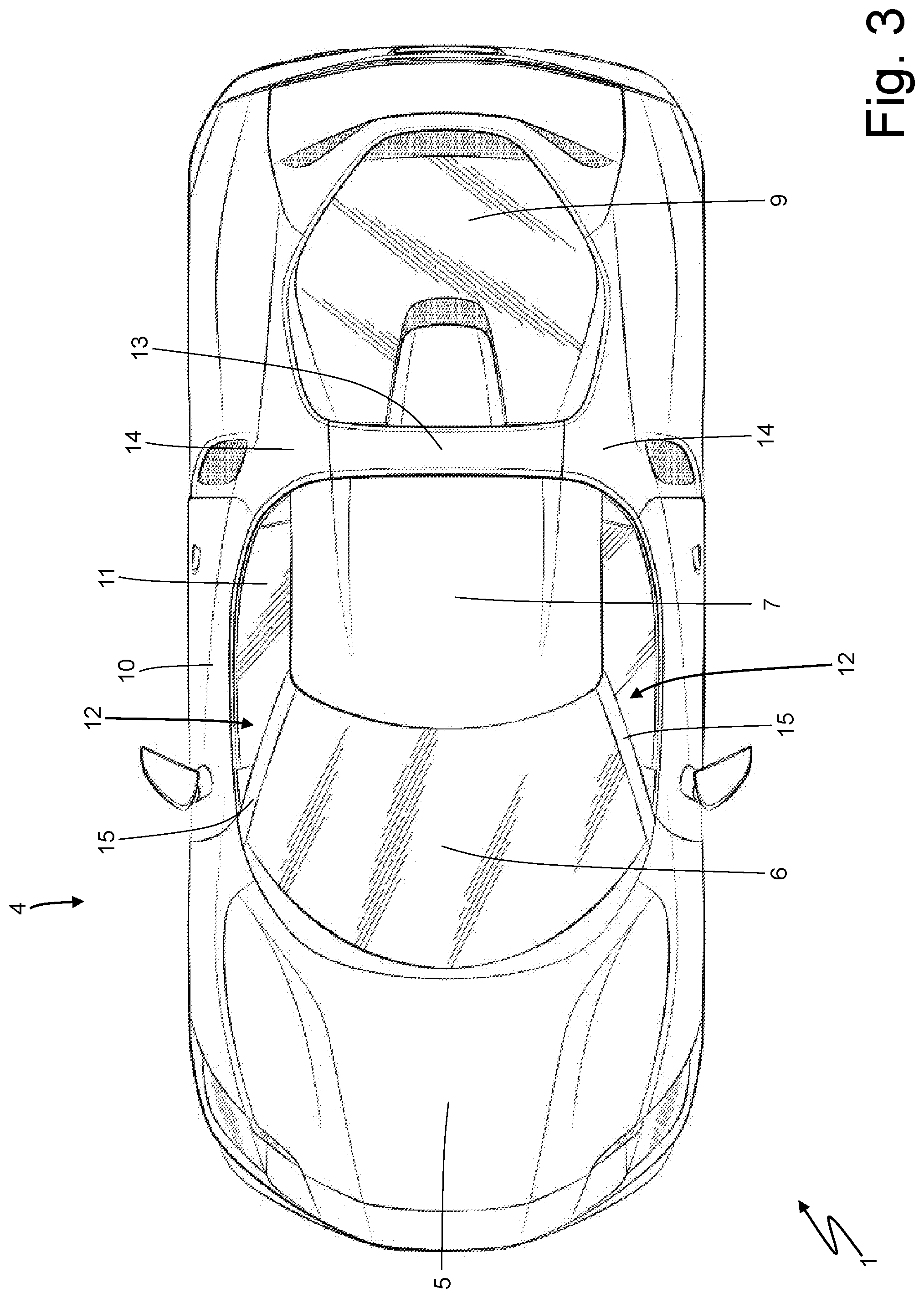Patent US12552328 Figure 3 – Car provided with front pillar covering elements