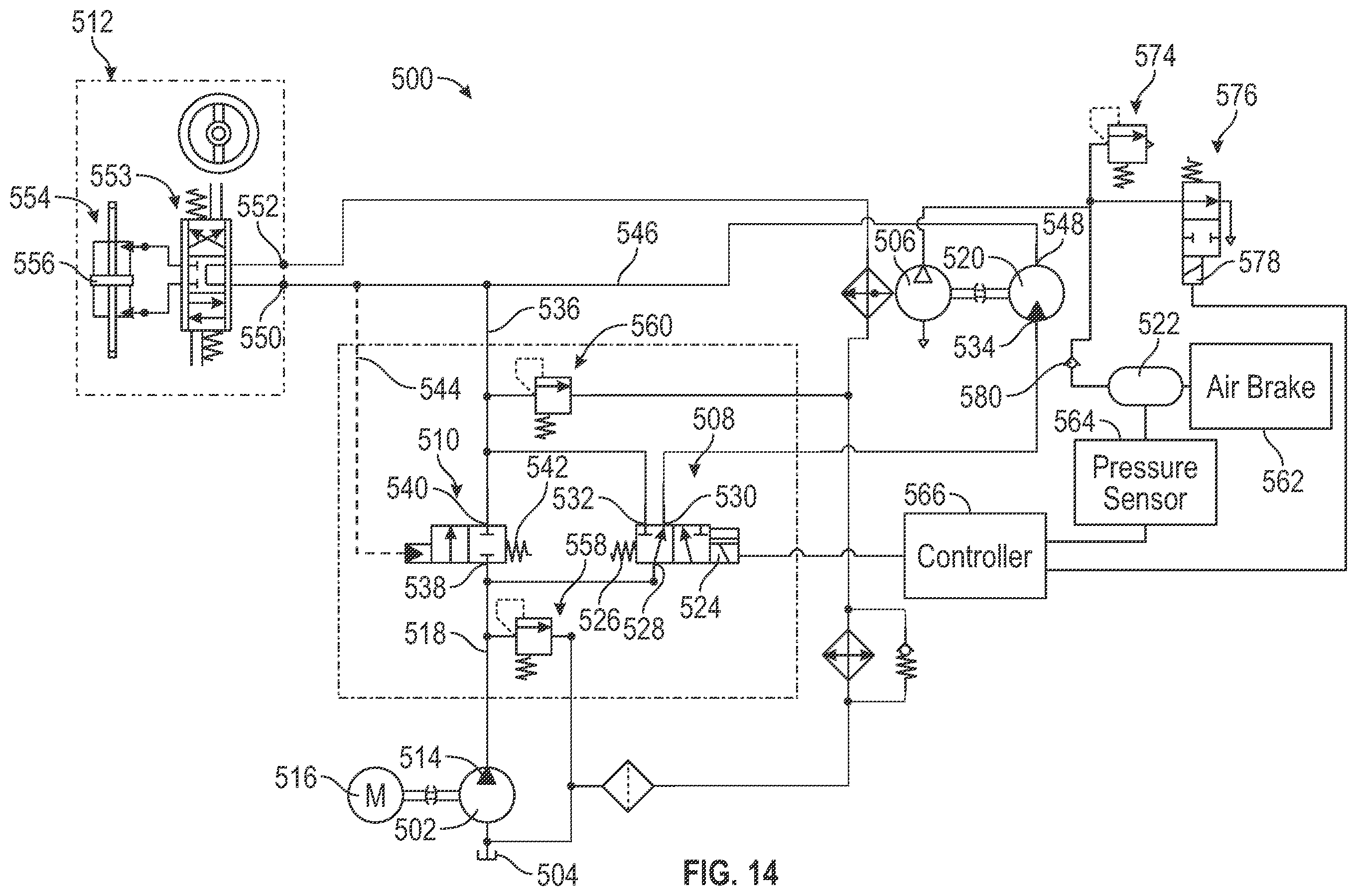 Patent US12552339 Figure 14 – Hydraulic systems and methods for a vehicle with a common pump supplying steering and braking functions
