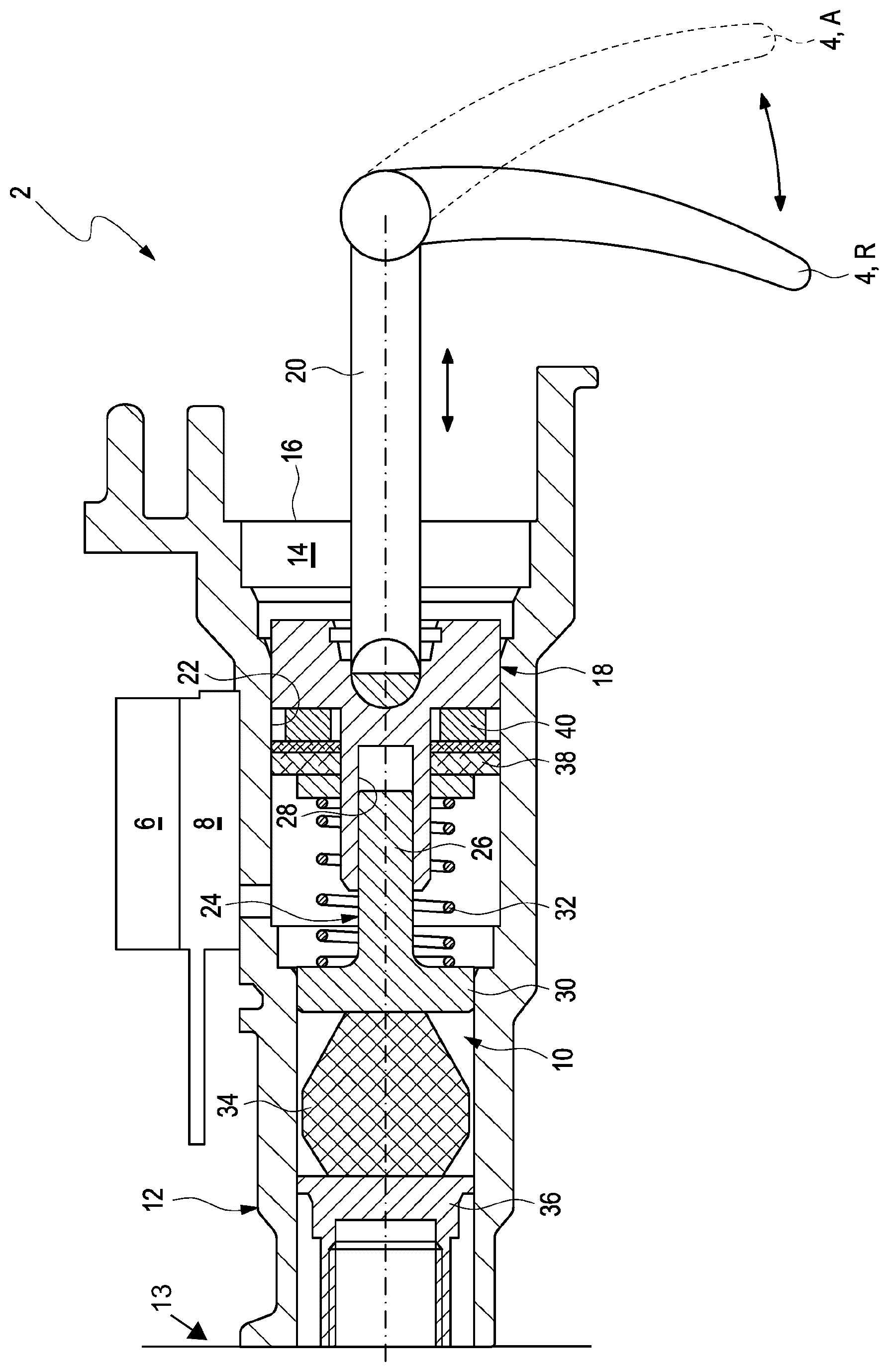 Patent US12552348 Figure 1 – Actuating device for a brake-by-wire brake system of a motor vehicle, in particular of a tilting vehicle