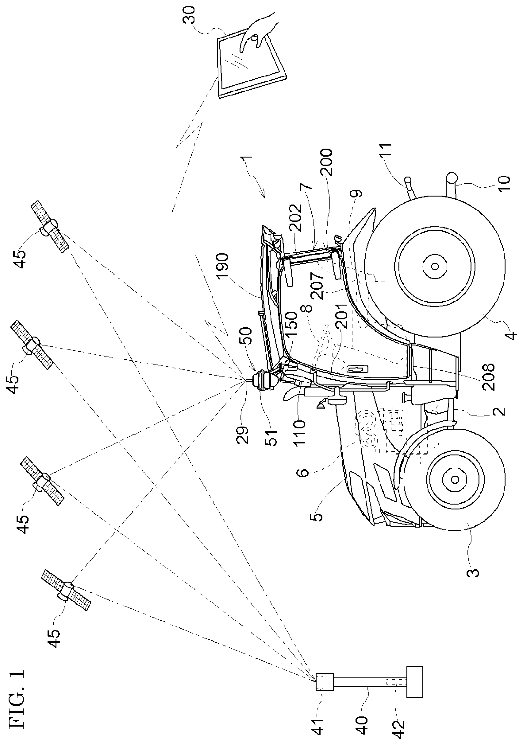 Patent US12552405 Figure 1 – Work vehicle with antenna devices for autonomous travel