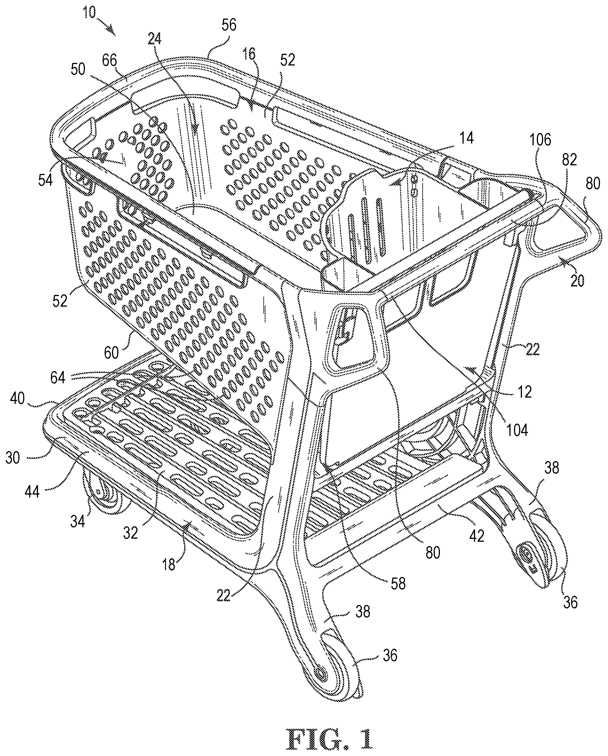 Patent US12552433 Figure 1 – Shopping cart gate with child seat and assemblies thereof
