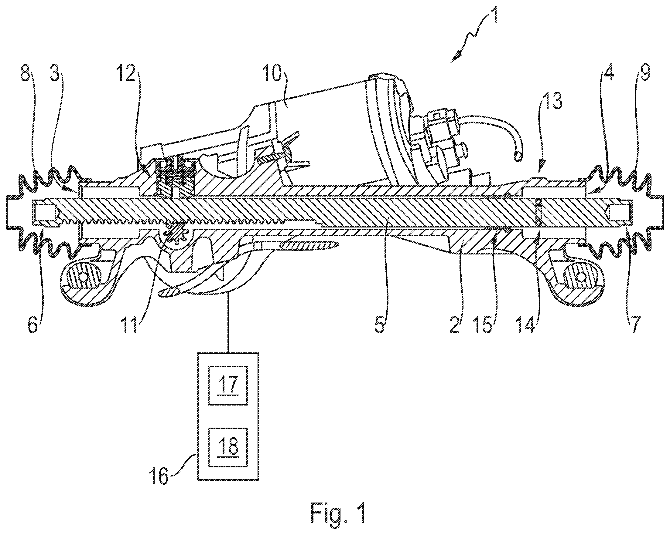 Patent US12552443 Figure 1 – Steering device for steering a vehicle, and method for detecting an ingress of water using such a steering device