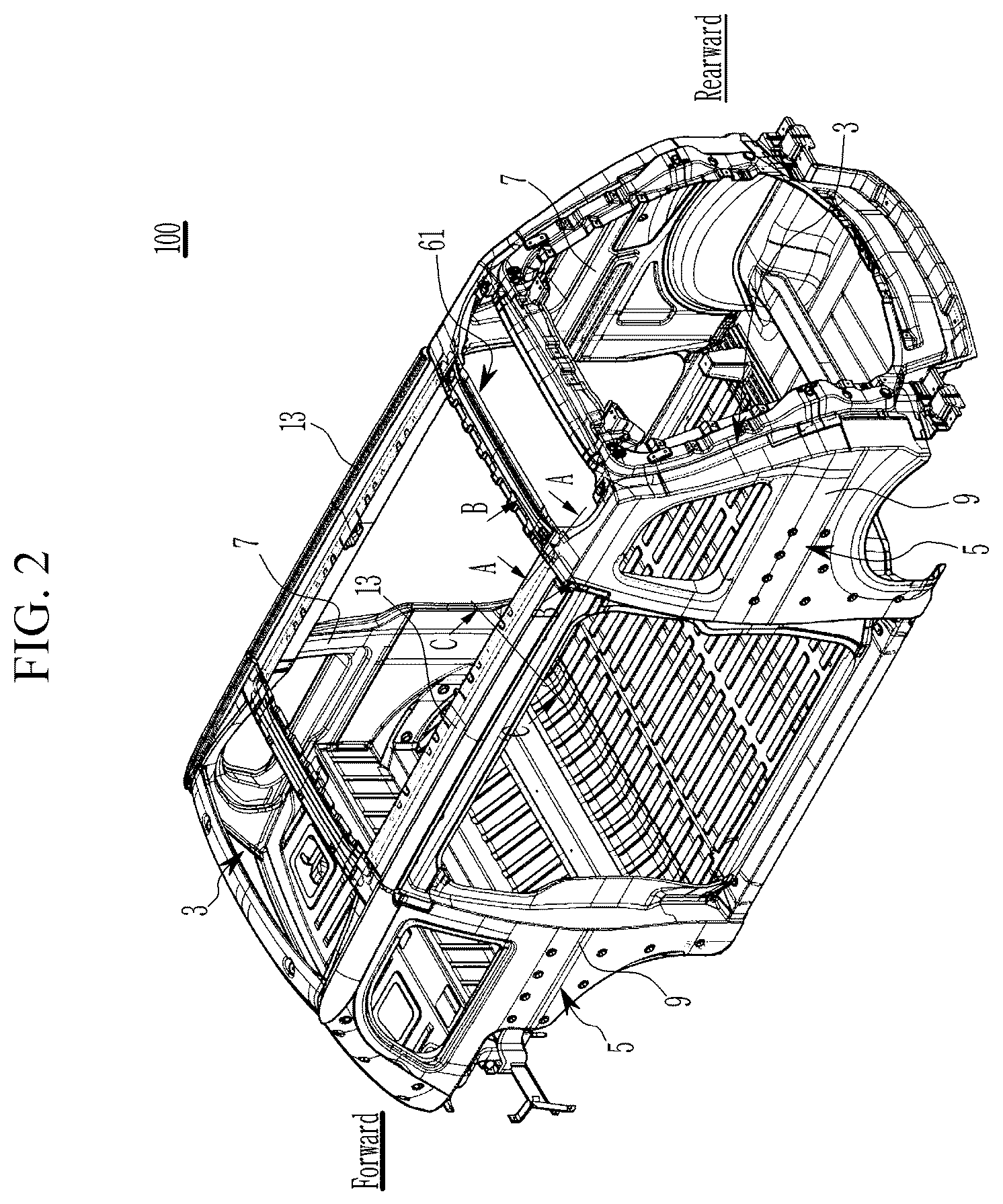 Patent US12552461 Figure 2 – Roof reinforcement structure for vehicle