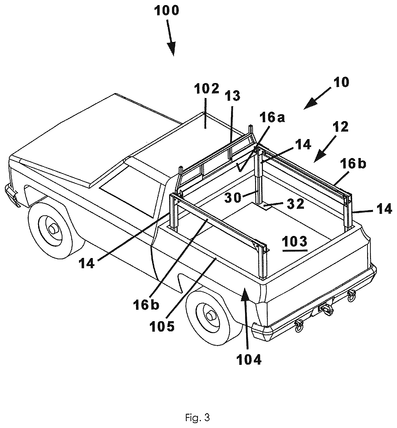 Patent US12552466 Figure 3 – Height adjustable storage rack for a pickup truck bed
