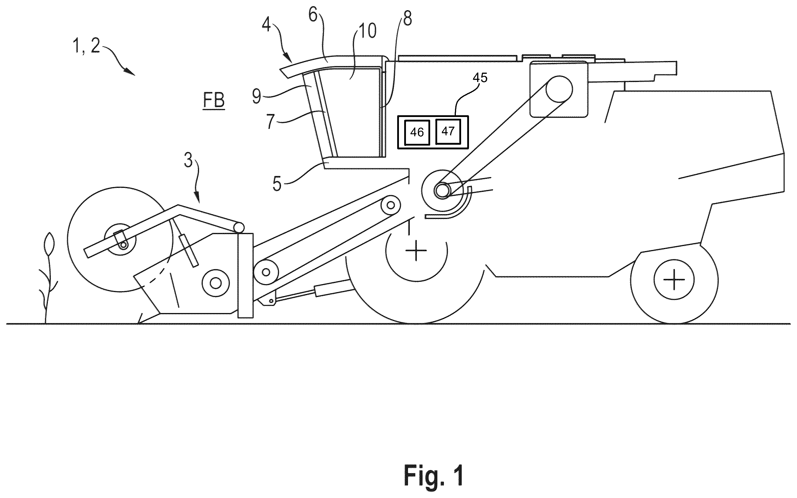Patent US12552468 Figure 1 – Driver's cab for an agricultural work vehicle