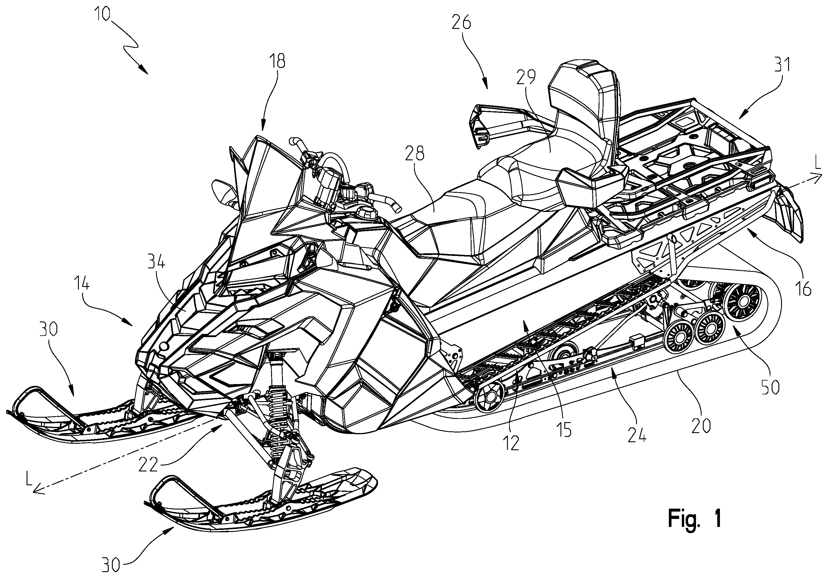 Patent US12552471 Figure 1 – Rear suspension assembly for a snowmobile