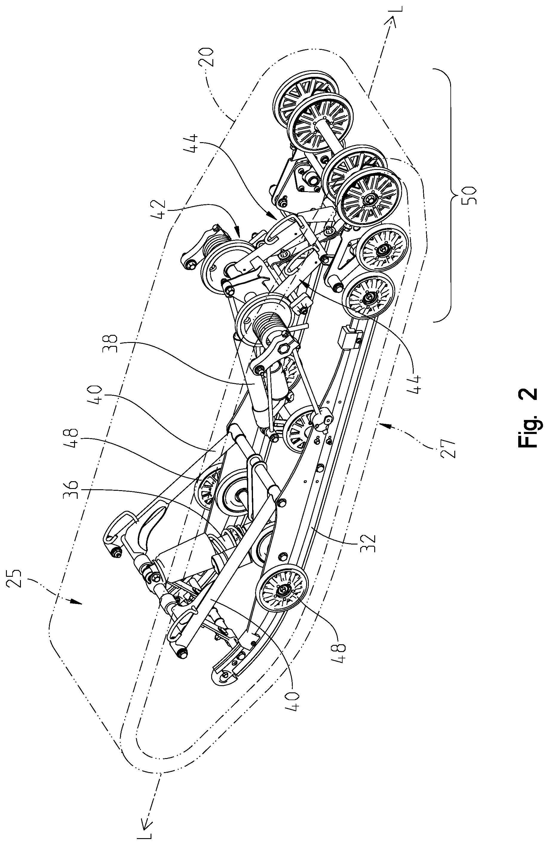 Patent US12552471 Figure 2 – Rear suspension assembly for a snowmobile