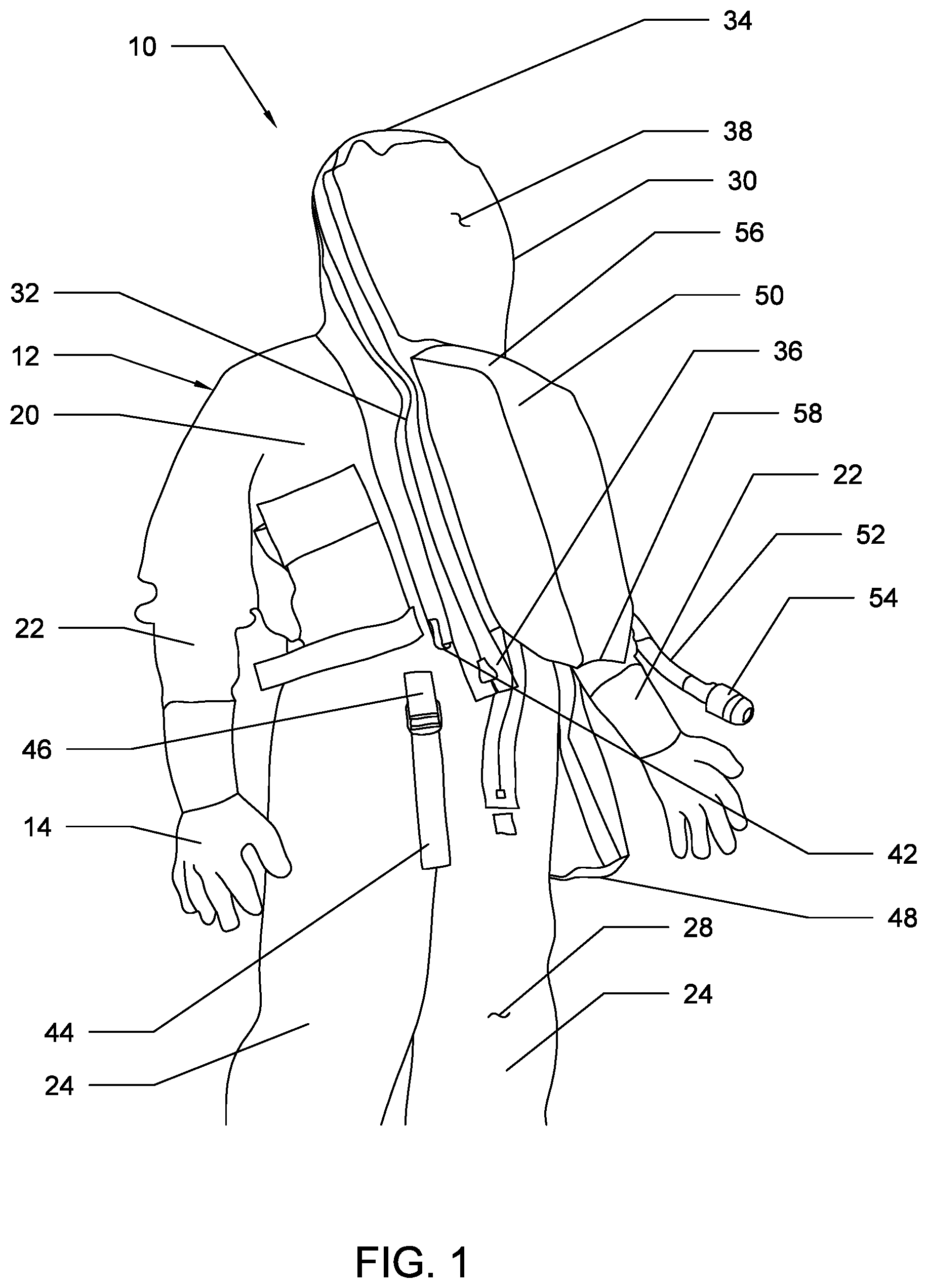 Patent US12552502 Figure 1 – Self-righting underwater escape and surface survival suit system