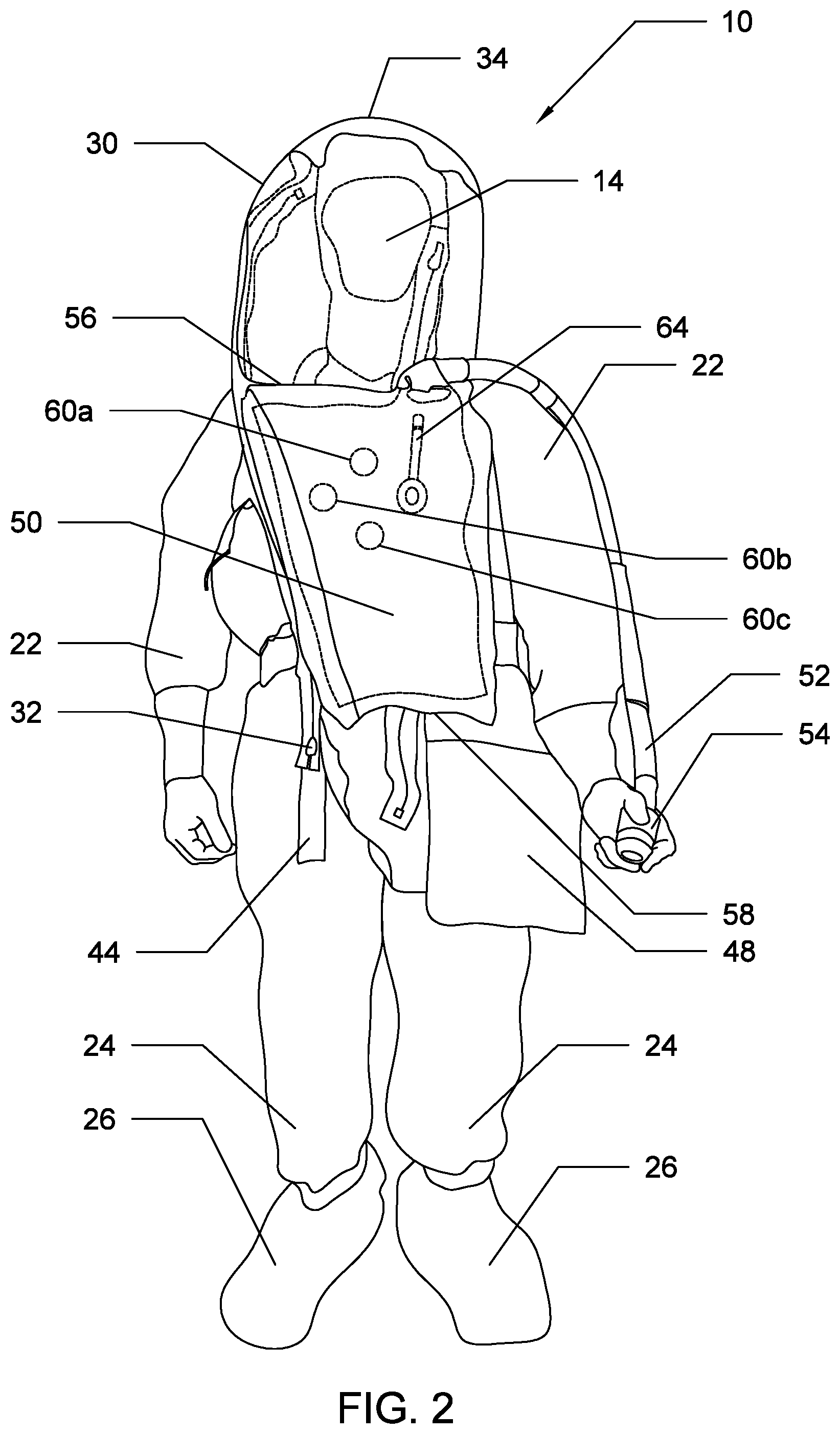 Patent US12552502 Figure 2 – Self-righting underwater escape and surface survival suit system