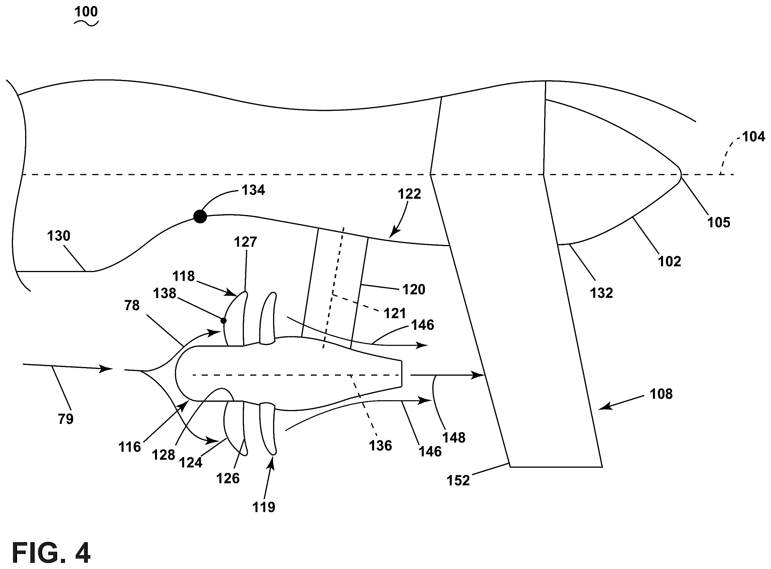 Patent US12552514 Figure 4 – Aircraft with a fuselage accommodating an unducted turbine engine