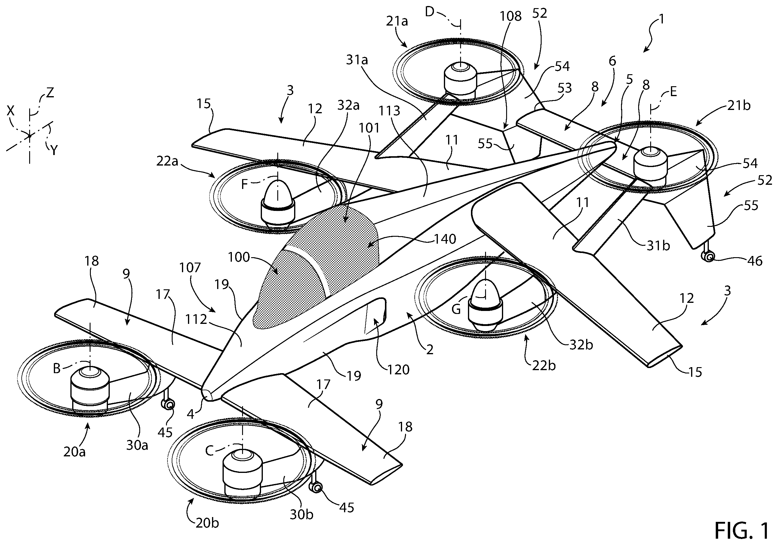 Patent US12552529 Figure 1 – Convertible aircraft capable of hovering