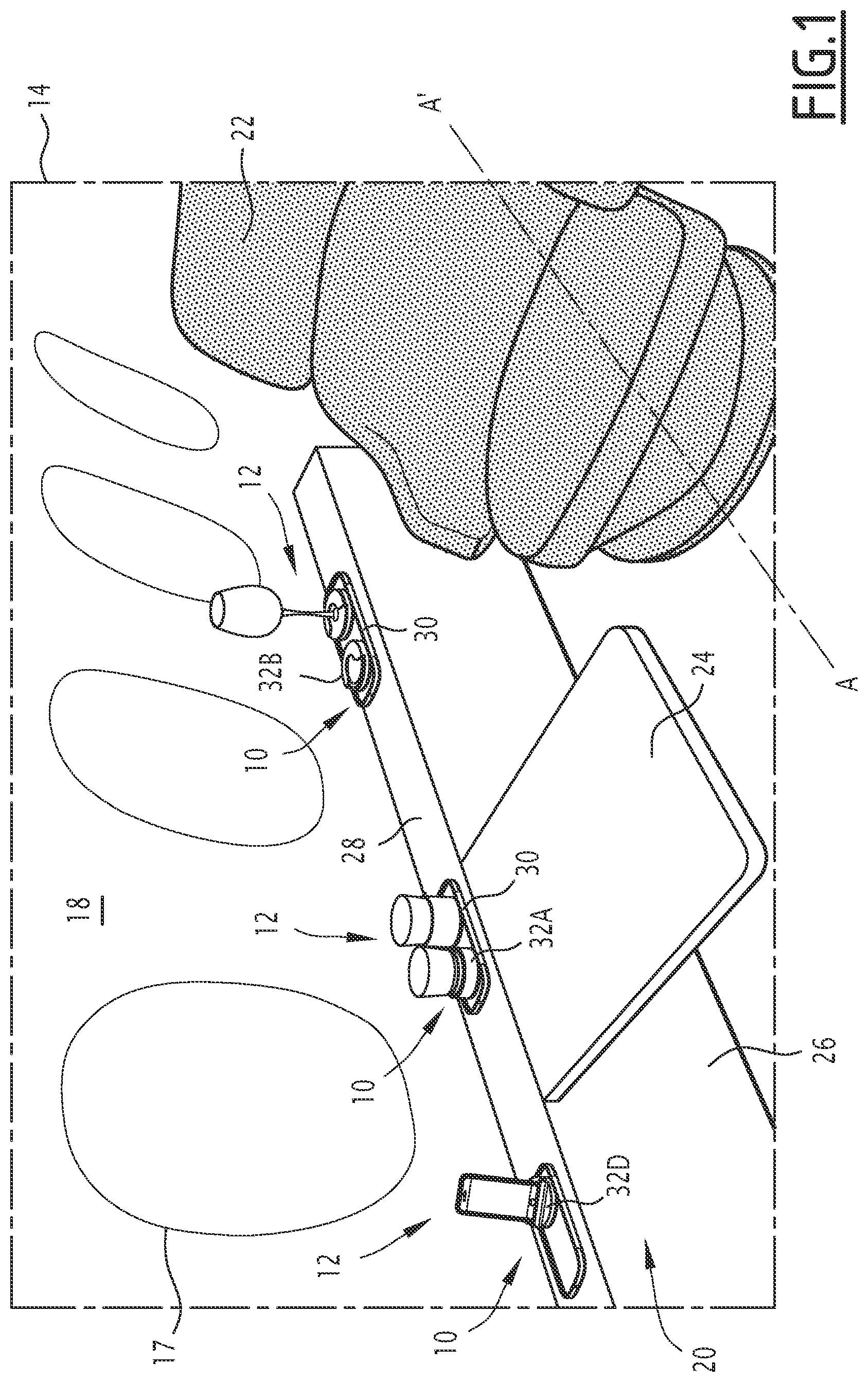 Patent US12552536 Figure 1 – Device for holding objects in an aircraft cabin and associated method for holding