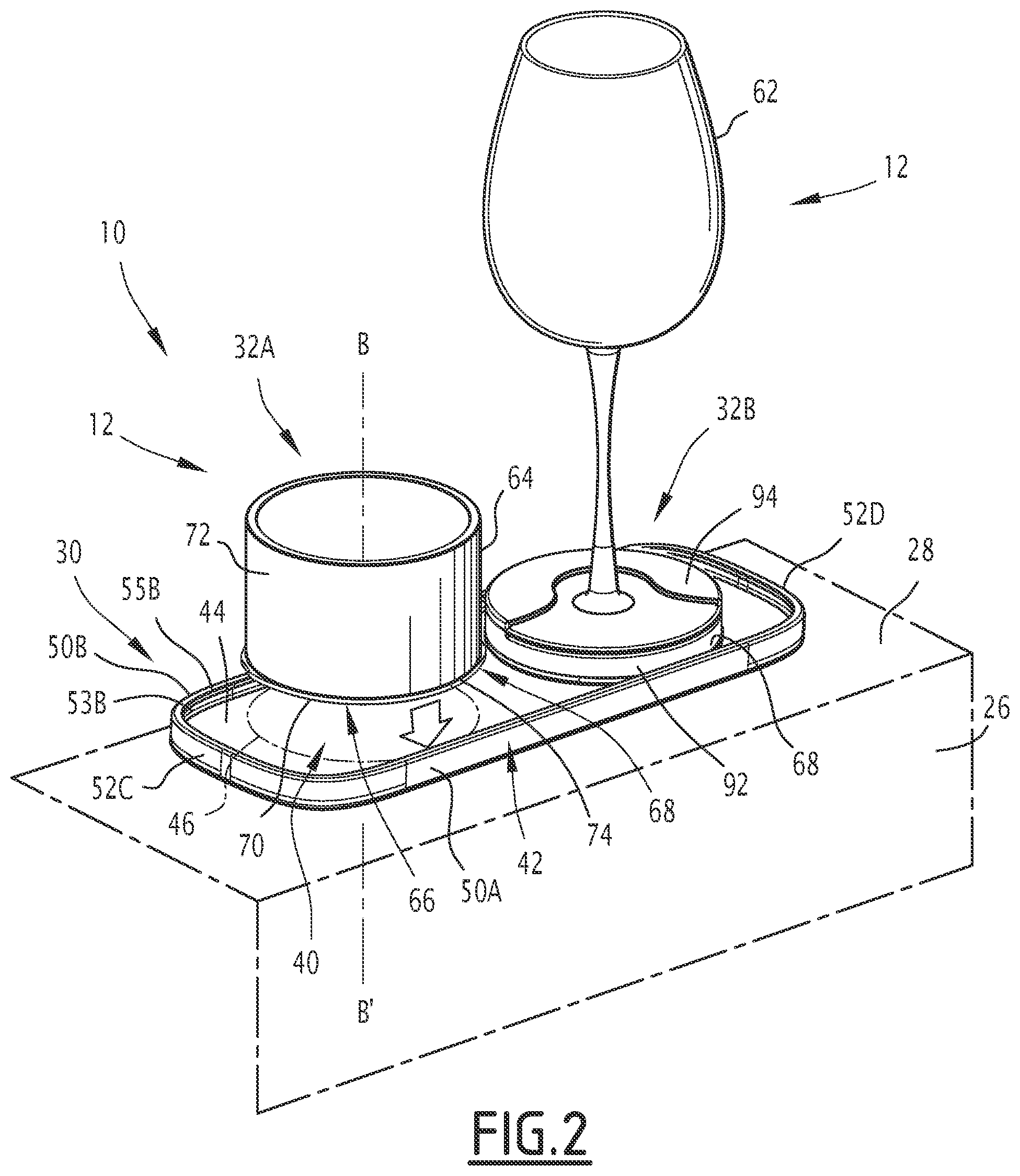Patent US12552536 Figure 2 – Device for holding objects in an aircraft cabin and associated method for holding