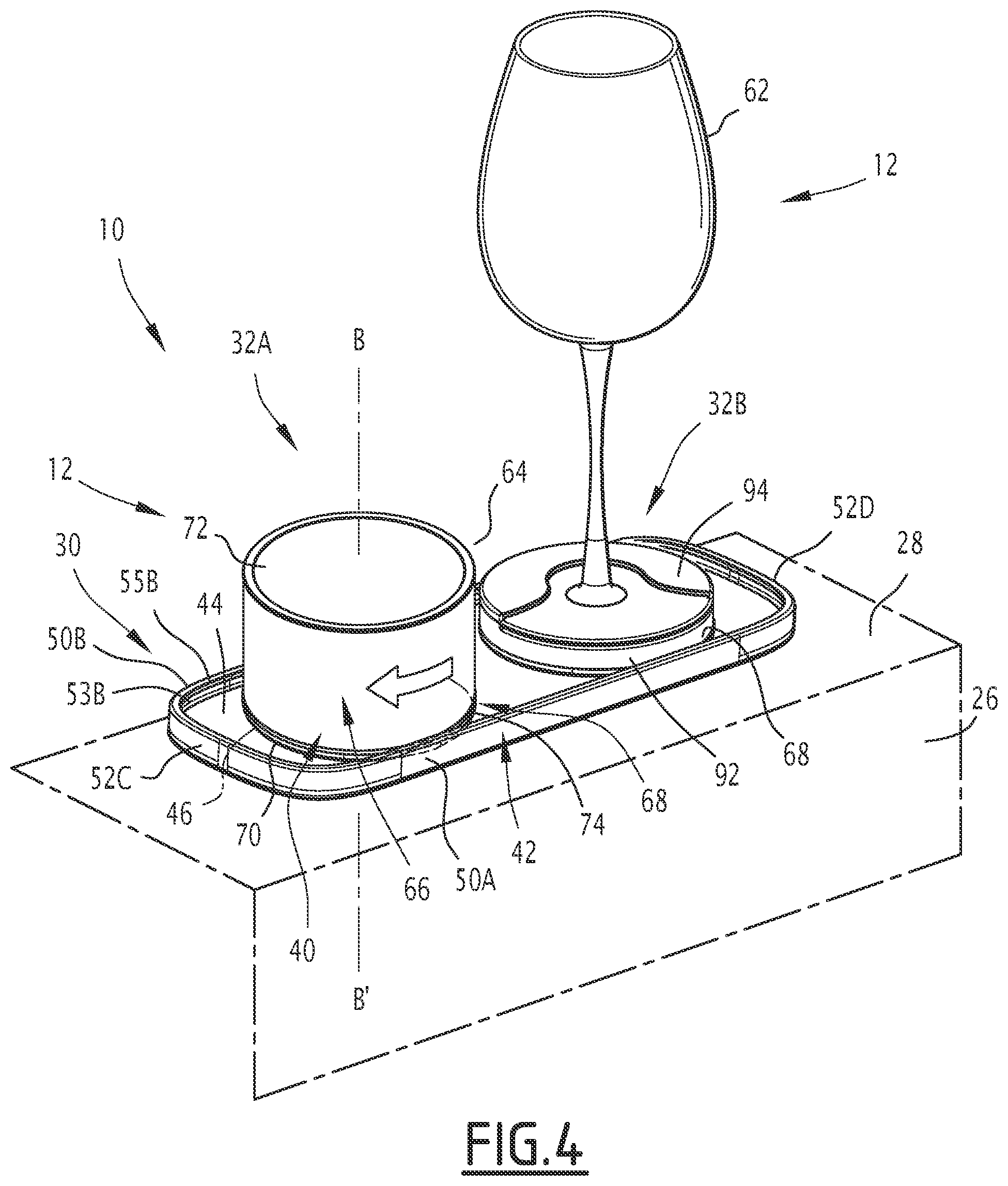 Patent US12552536 Figure 4 – Device for holding objects in an aircraft cabin and associated method for holding