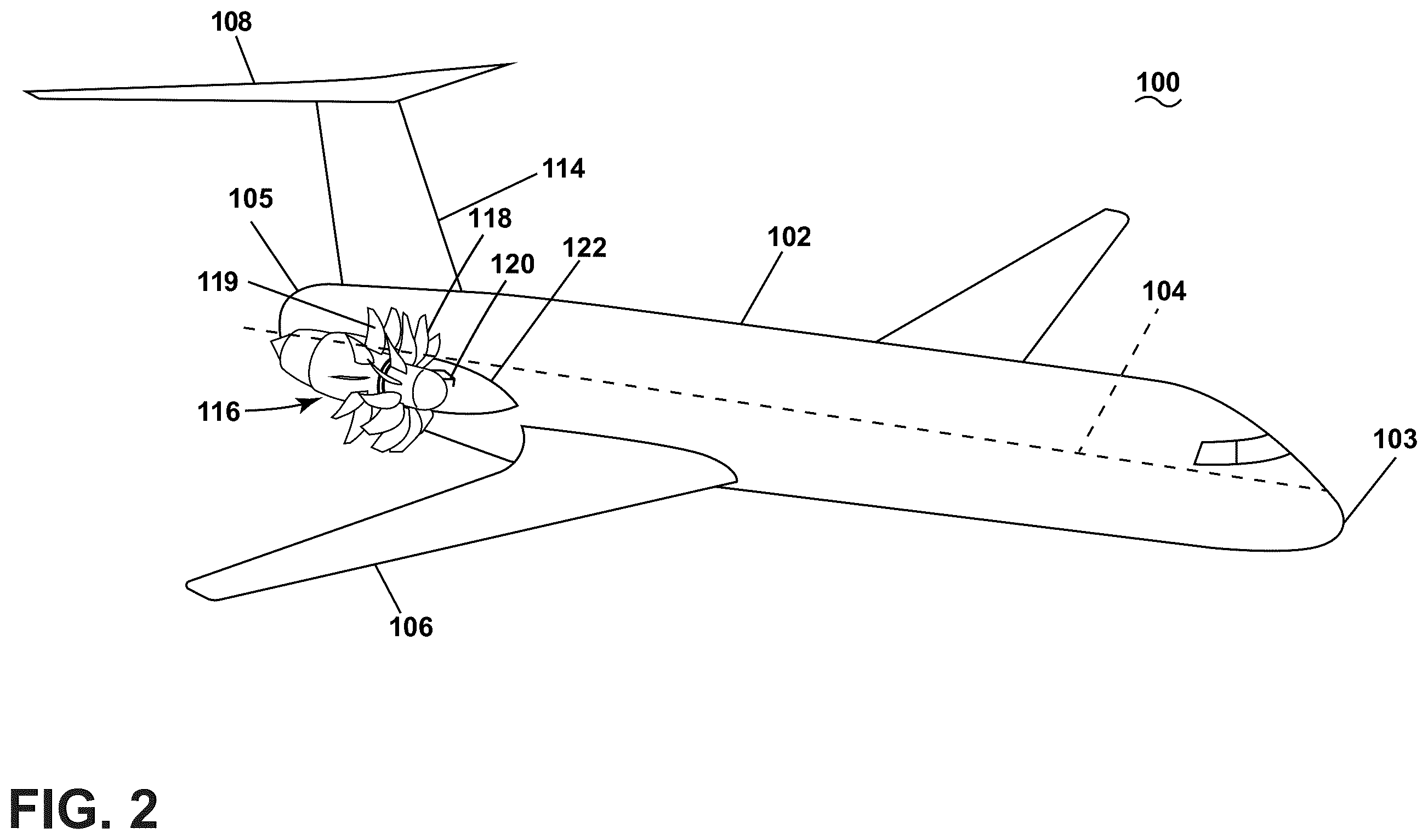 Patent US12552542 Figure 2 – Aircraft with a fuselage accommodating an unducted turbine engine