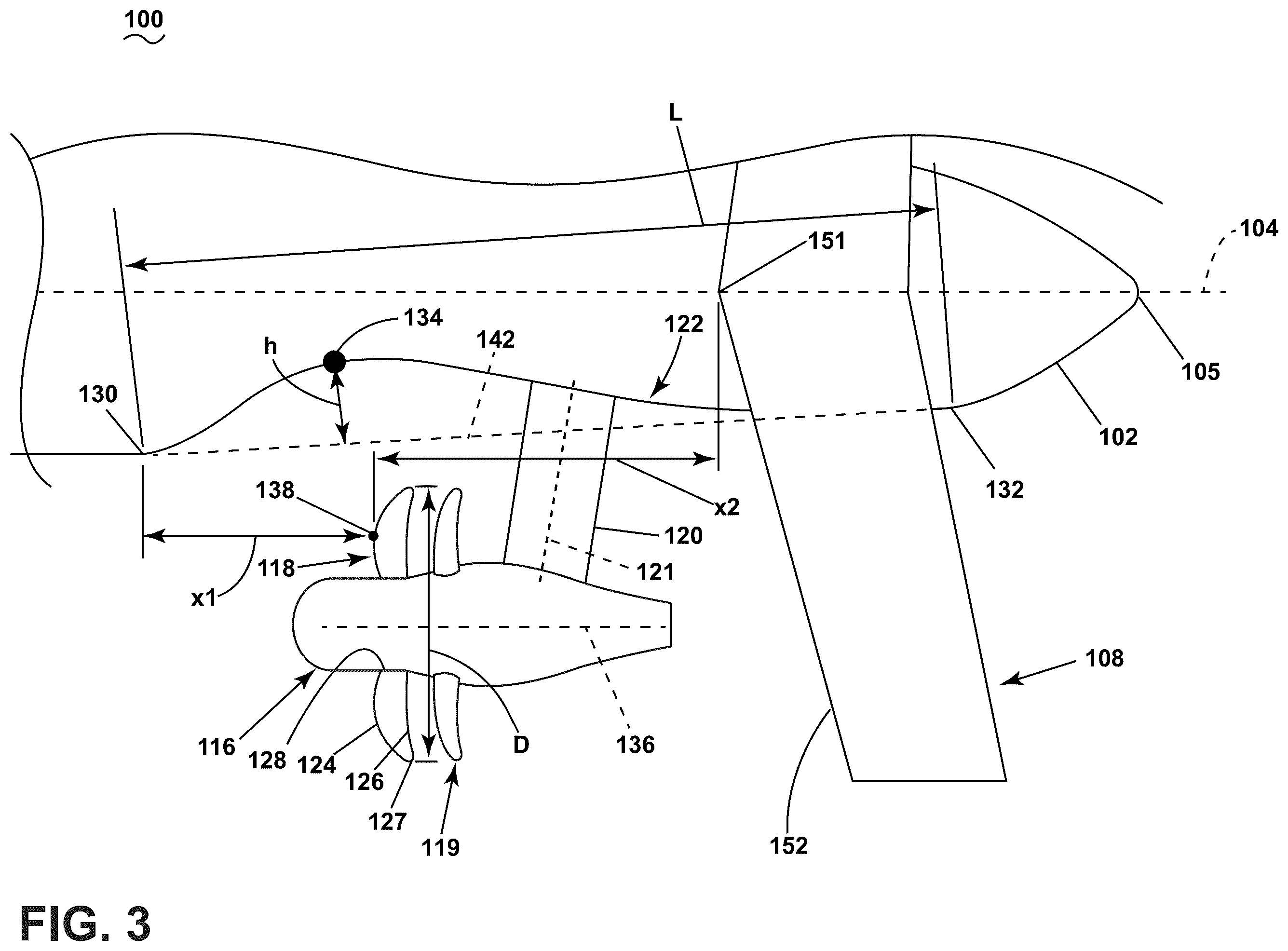 Patent US12552542 Figure 3 – Aircraft with a fuselage accommodating an unducted turbine engine