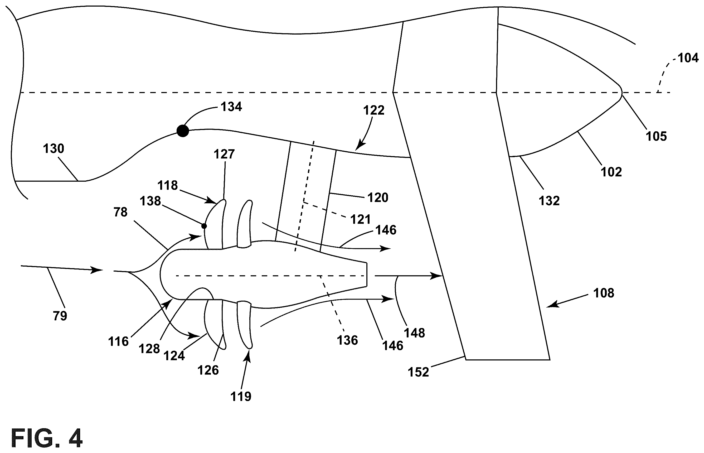 Patent US12552542 Figure 4 – Aircraft with a fuselage accommodating an unducted turbine engine
