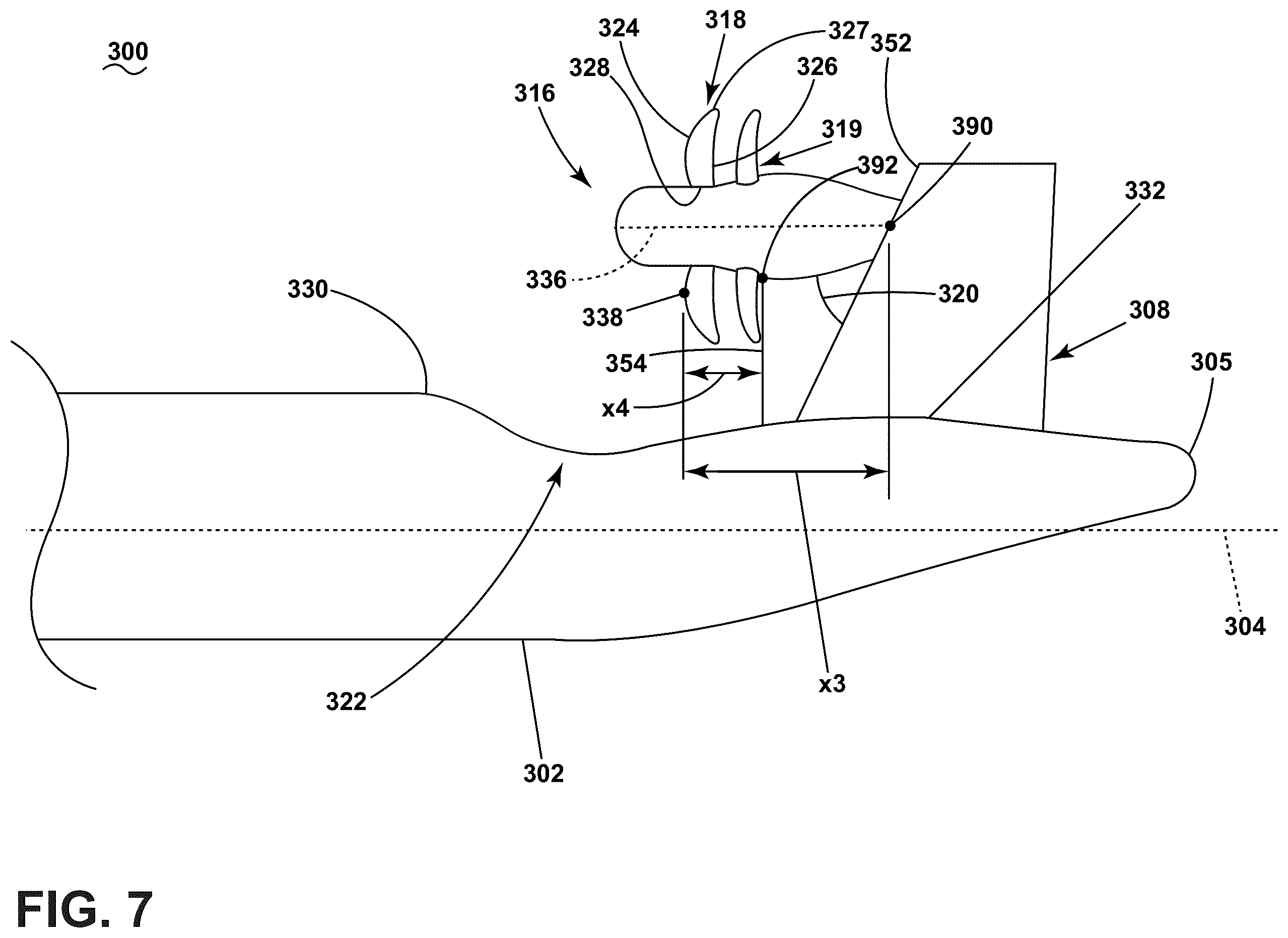 Patent US12552542 Figure 7 – Aircraft with a fuselage accommodating an unducted turbine engine