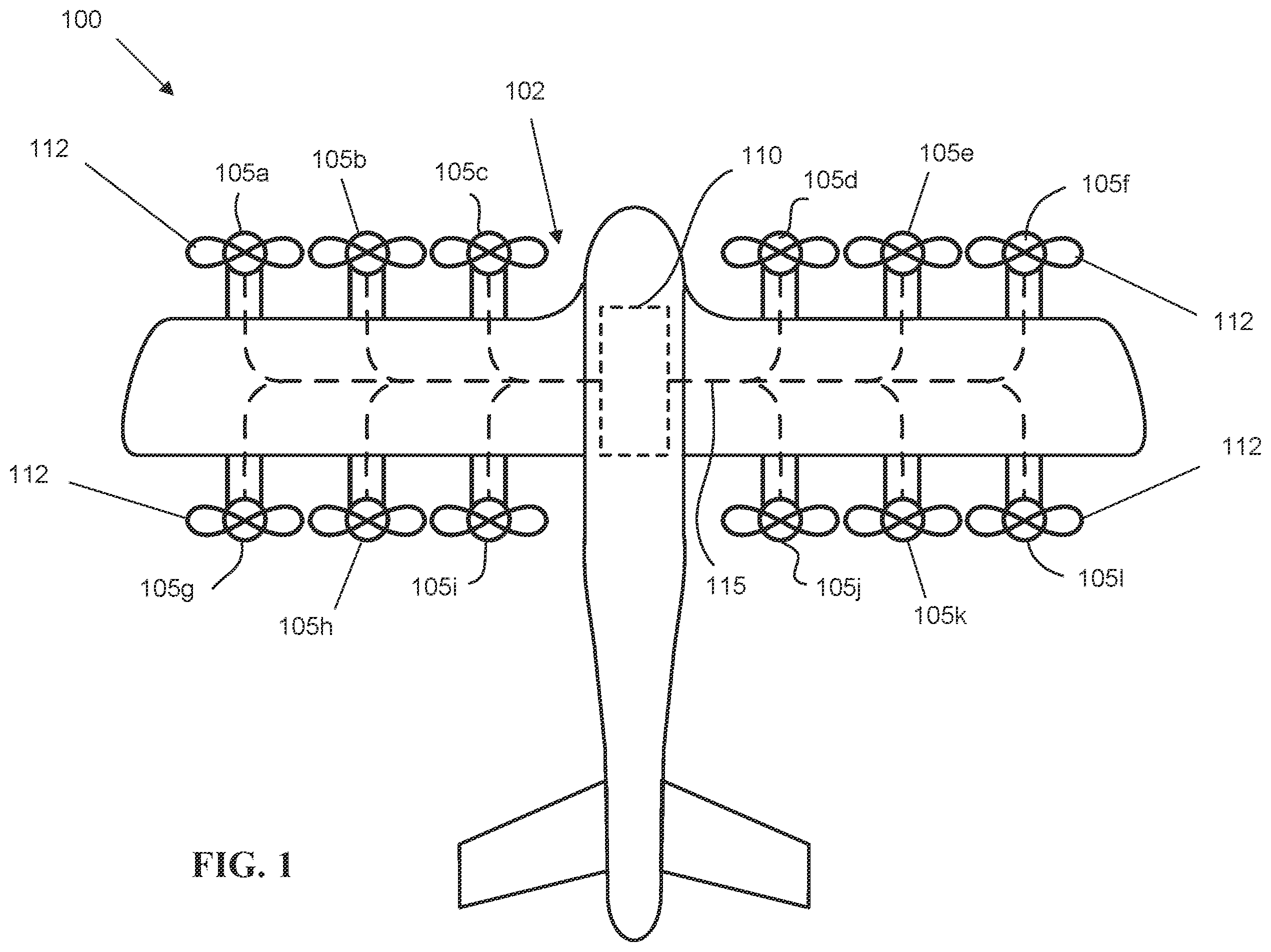 Patent US12552543 Figure 1 – Emergency energy reserve solution for battery electrified aircraft