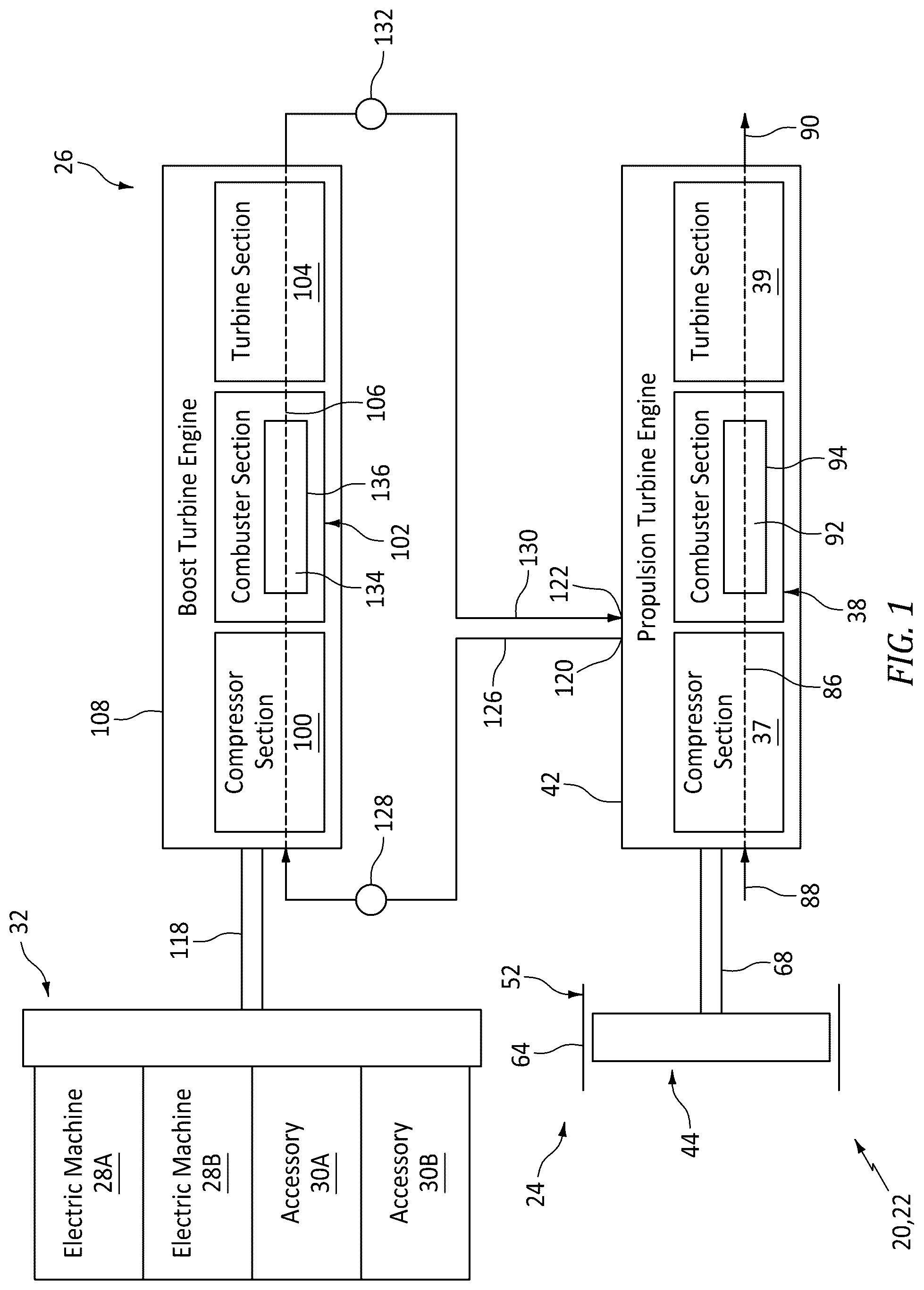 Patent US12552545 Figure 1 – Drivetrain for aircraft powerplant with boosted turbine engine