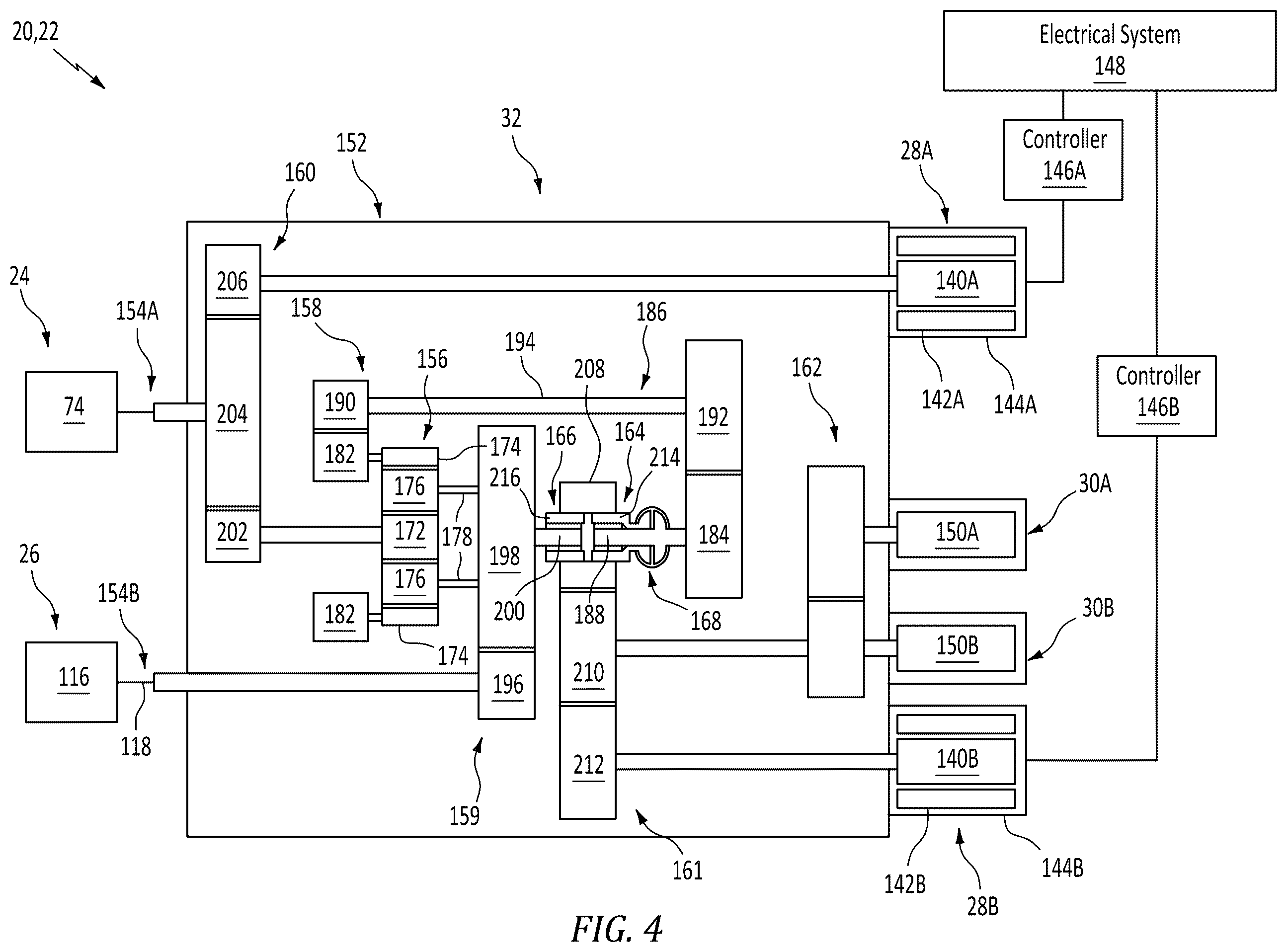 Patent US12552545 Figure 4 – Drivetrain for aircraft powerplant with boosted turbine engine