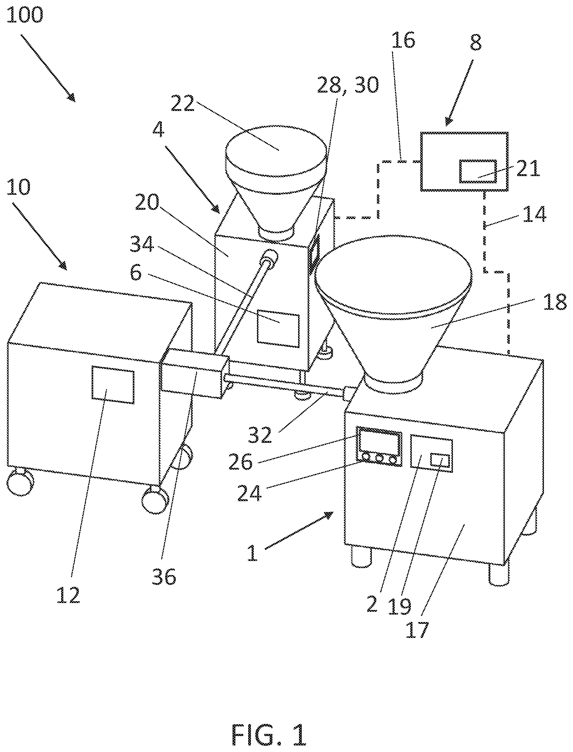 Patent US12552570 Figure 1 – Filling line for producing foods made of a pasty mass and associated methods