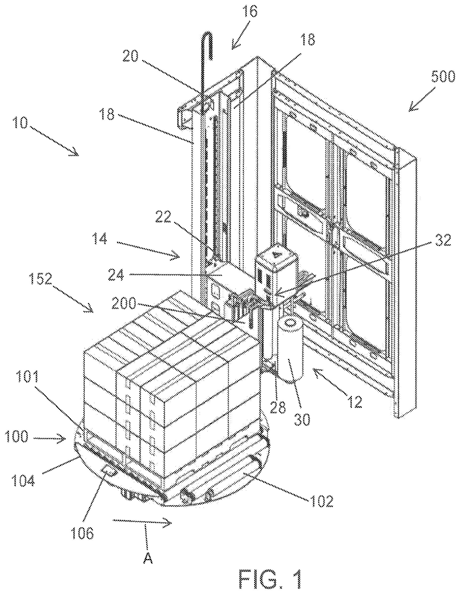 Patent US12552571 Figure 1 – Film free end control apparatus and method for a stretch wrapping machine