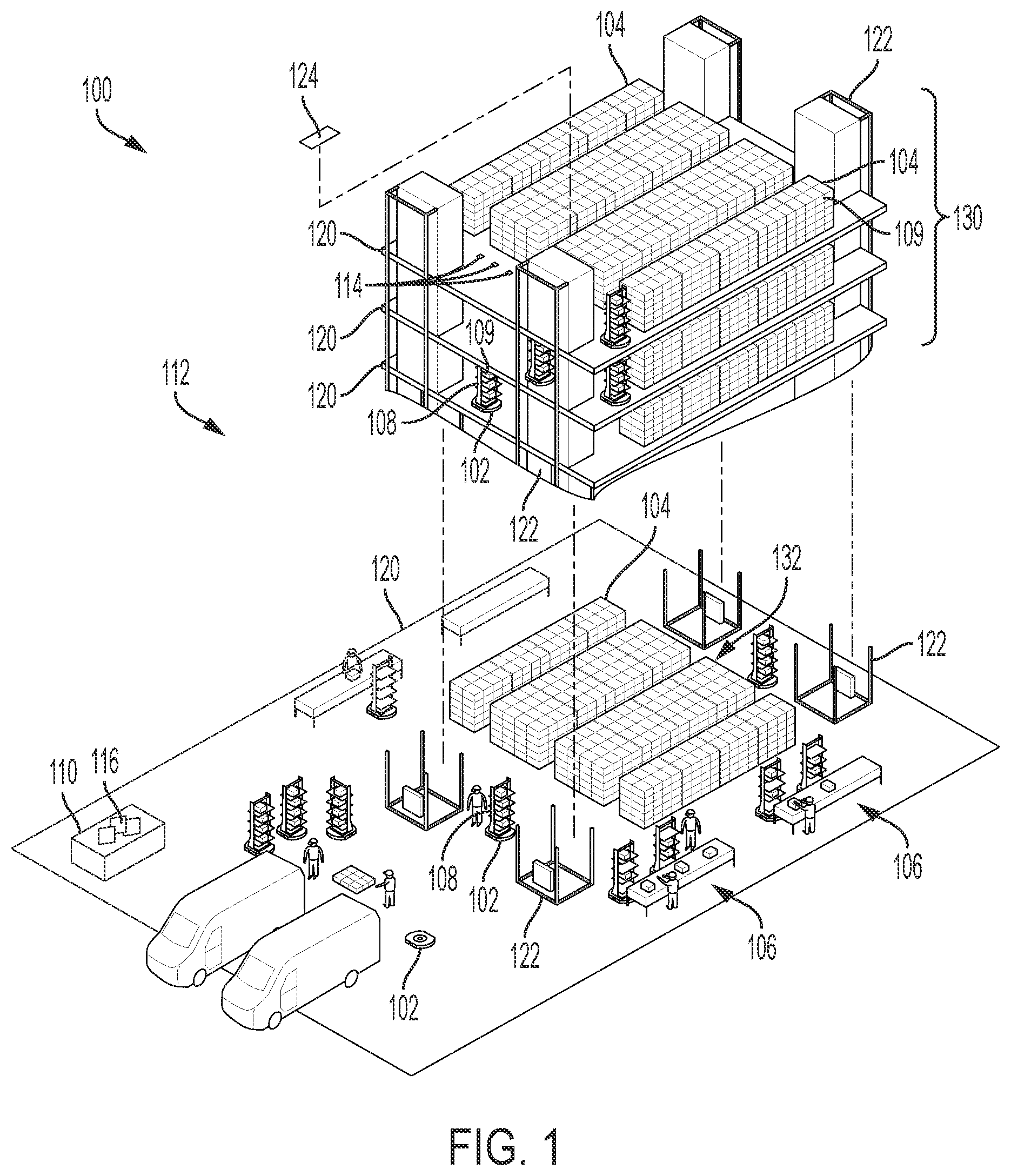Patent US12552602 Figure 1 – Inventory system with item retrieval