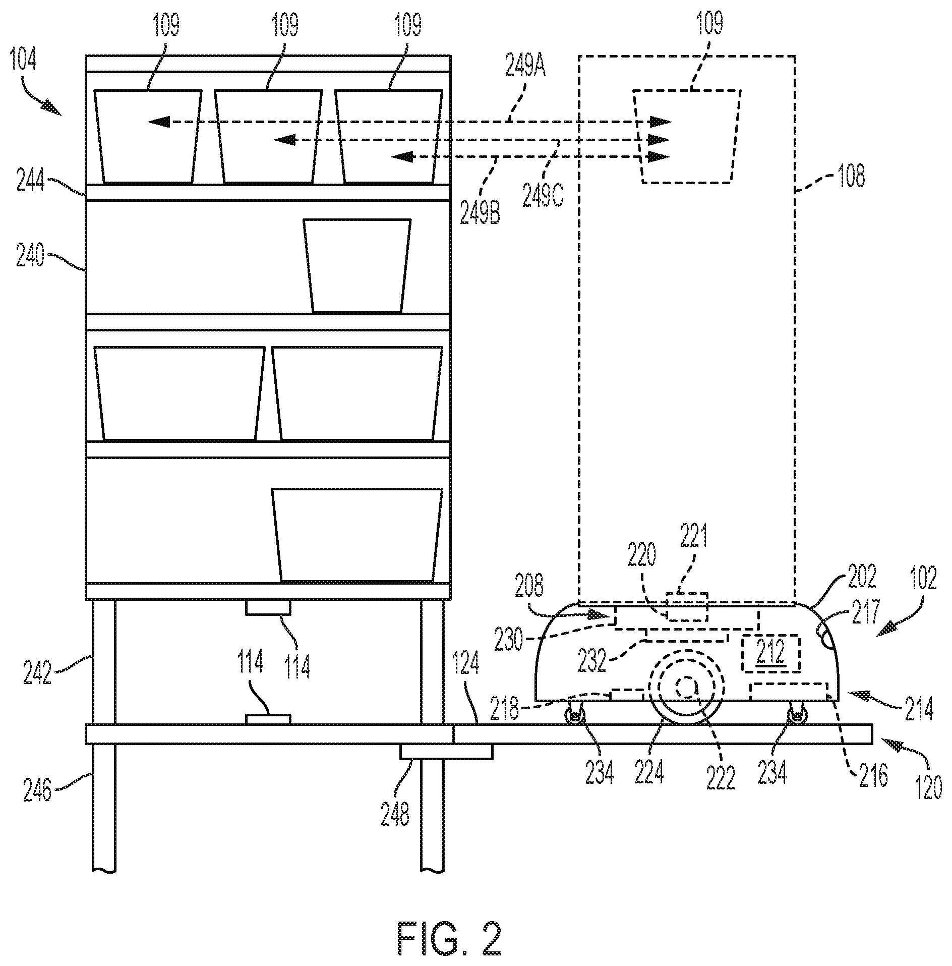 Patent US12552602 Figure 2 – Inventory system with item retrieval