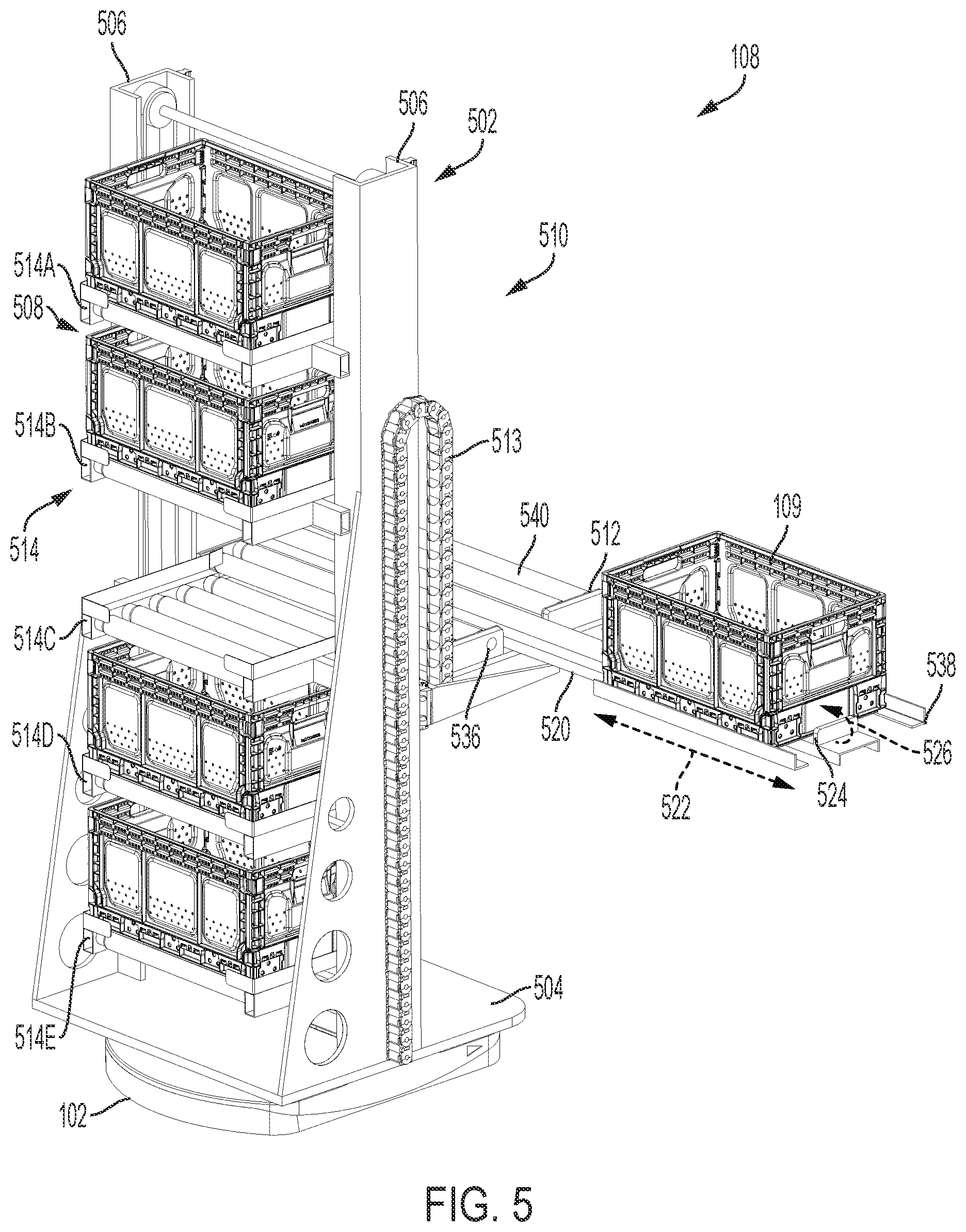 Patent US12552602 Figure 5 – Inventory system with item retrieval