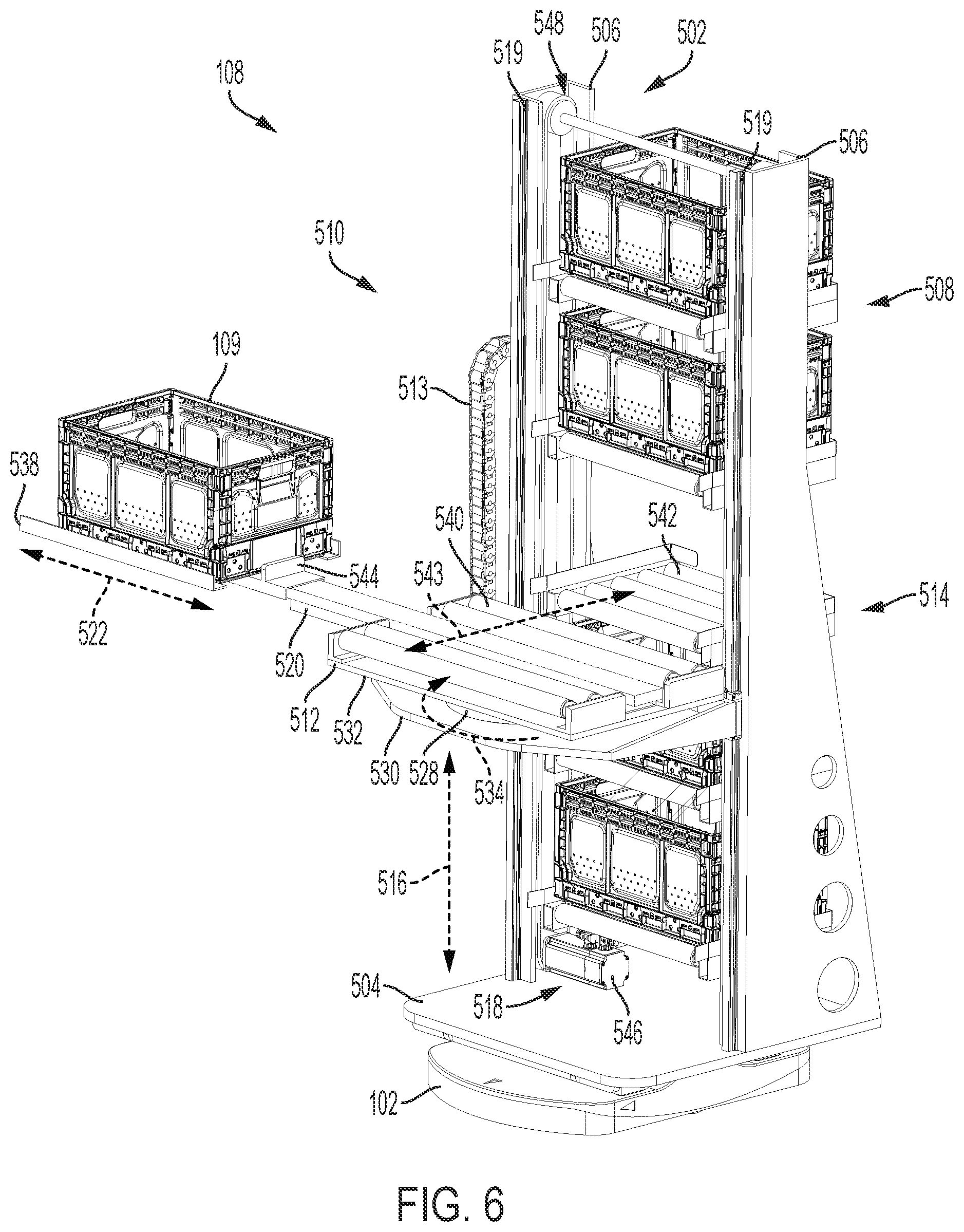 Patent US12552602 Figure 6 – Inventory system with item retrieval